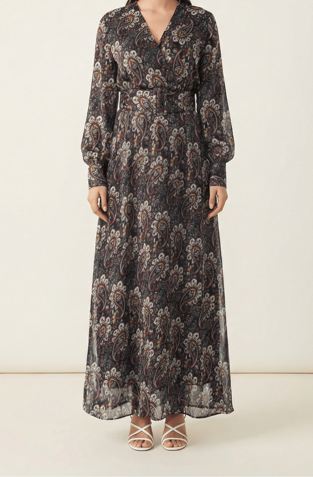 Pretty Paisley print v-neck chiffon shimmer maxi dress Kabayare
