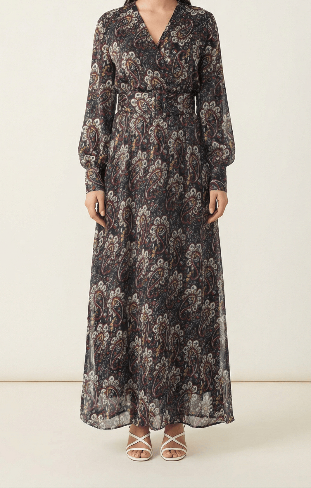 Pretty Paisley print v-neck chiffon shimmer maxi dress Kabayare