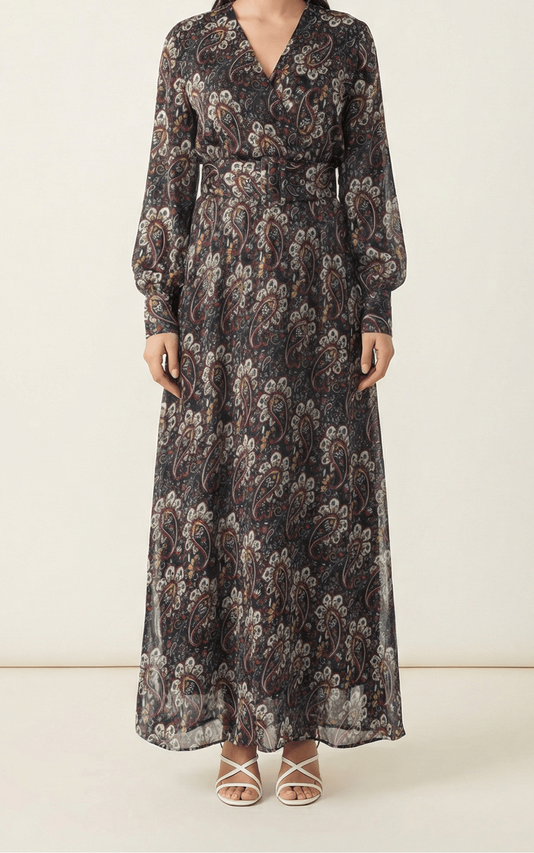 Pretty Paisley print v-neck chiffon shimmer maxi dress Kabayare