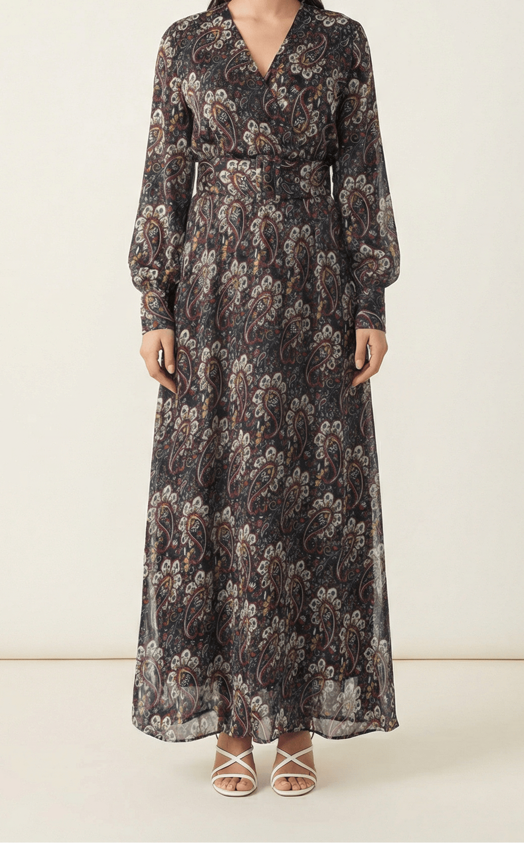 Pretty Paisley print v-neck chiffon shimmer maxi dress Kabayare