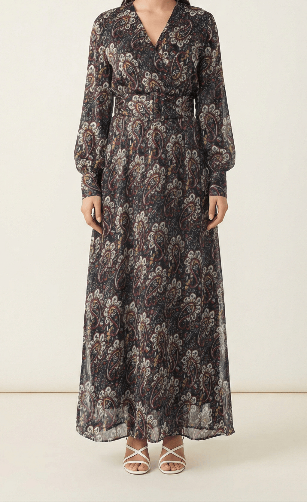 Pretty Paisley print v-neck chiffon shimmer maxi dress Kabayare