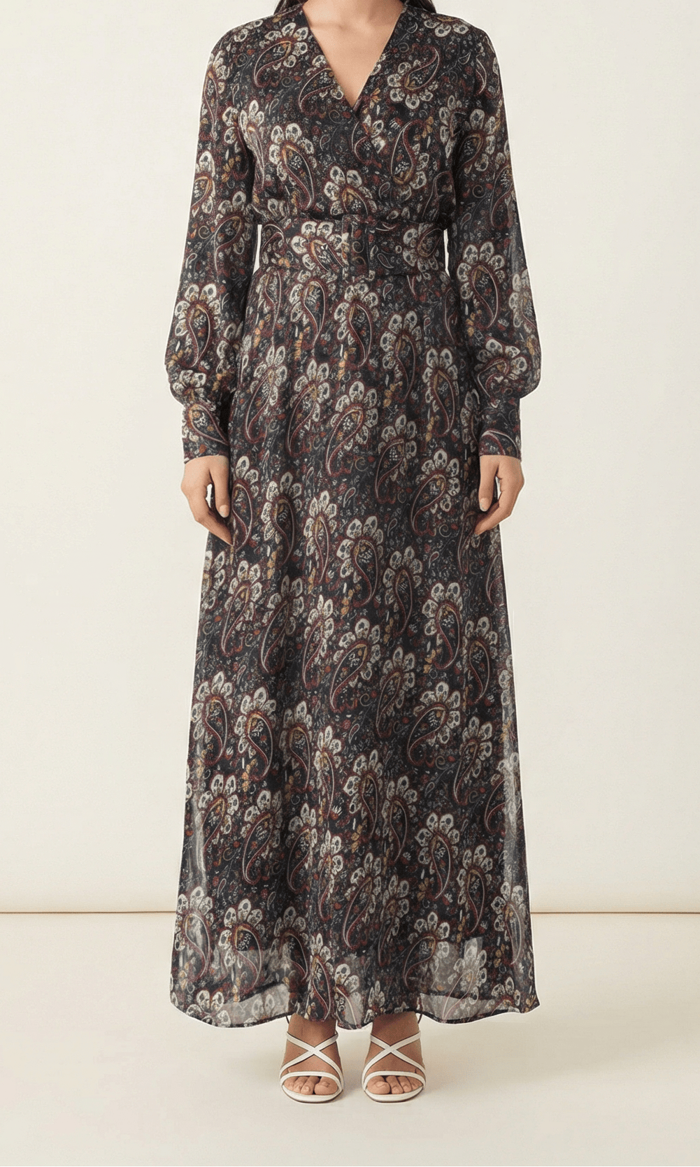 Pretty Paisley print v-neck chiffon shimmer maxi dress Kabayare