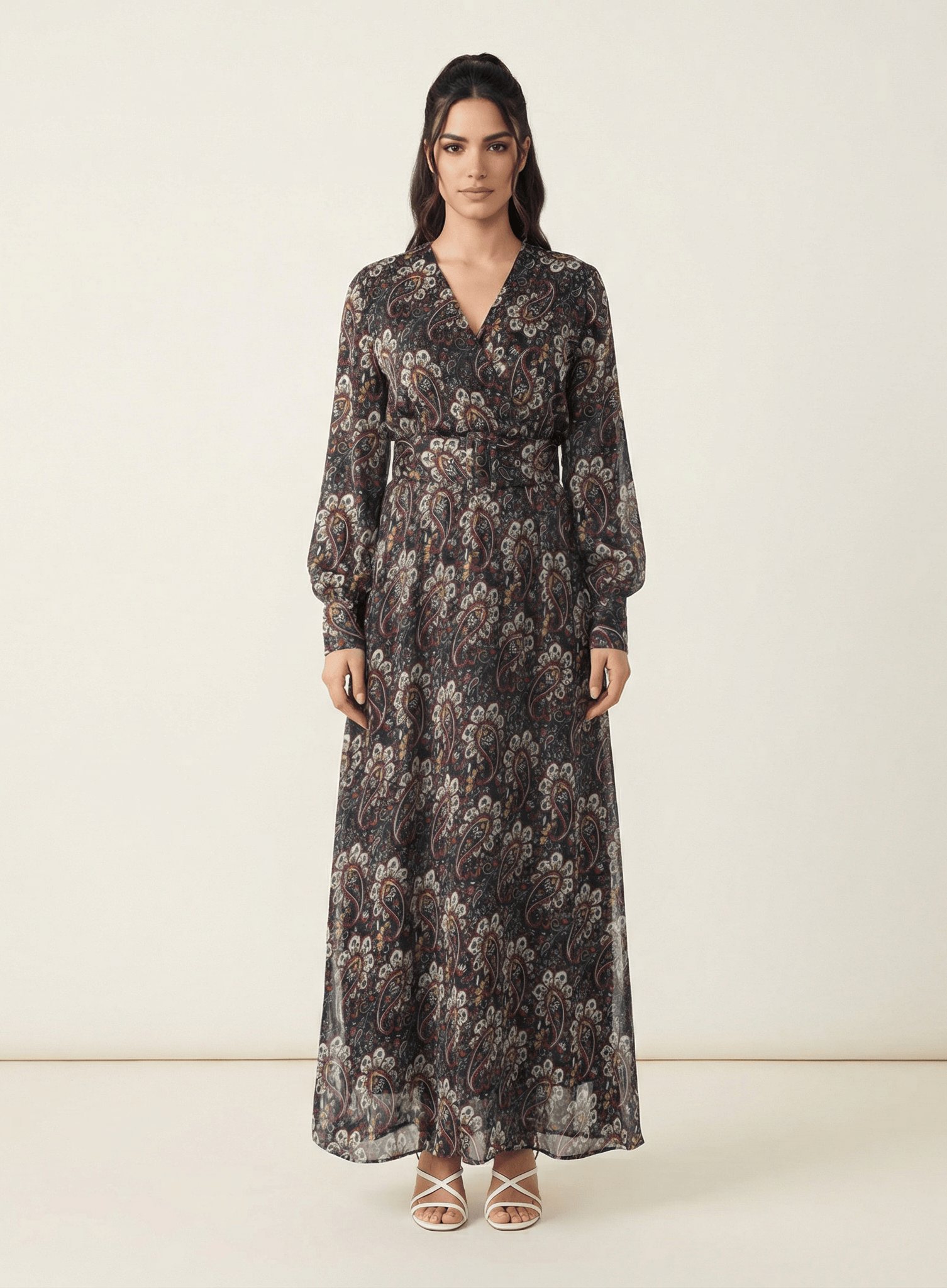 Pretty Paisley print v-neck chiffon shimmer maxi dress Kabayare