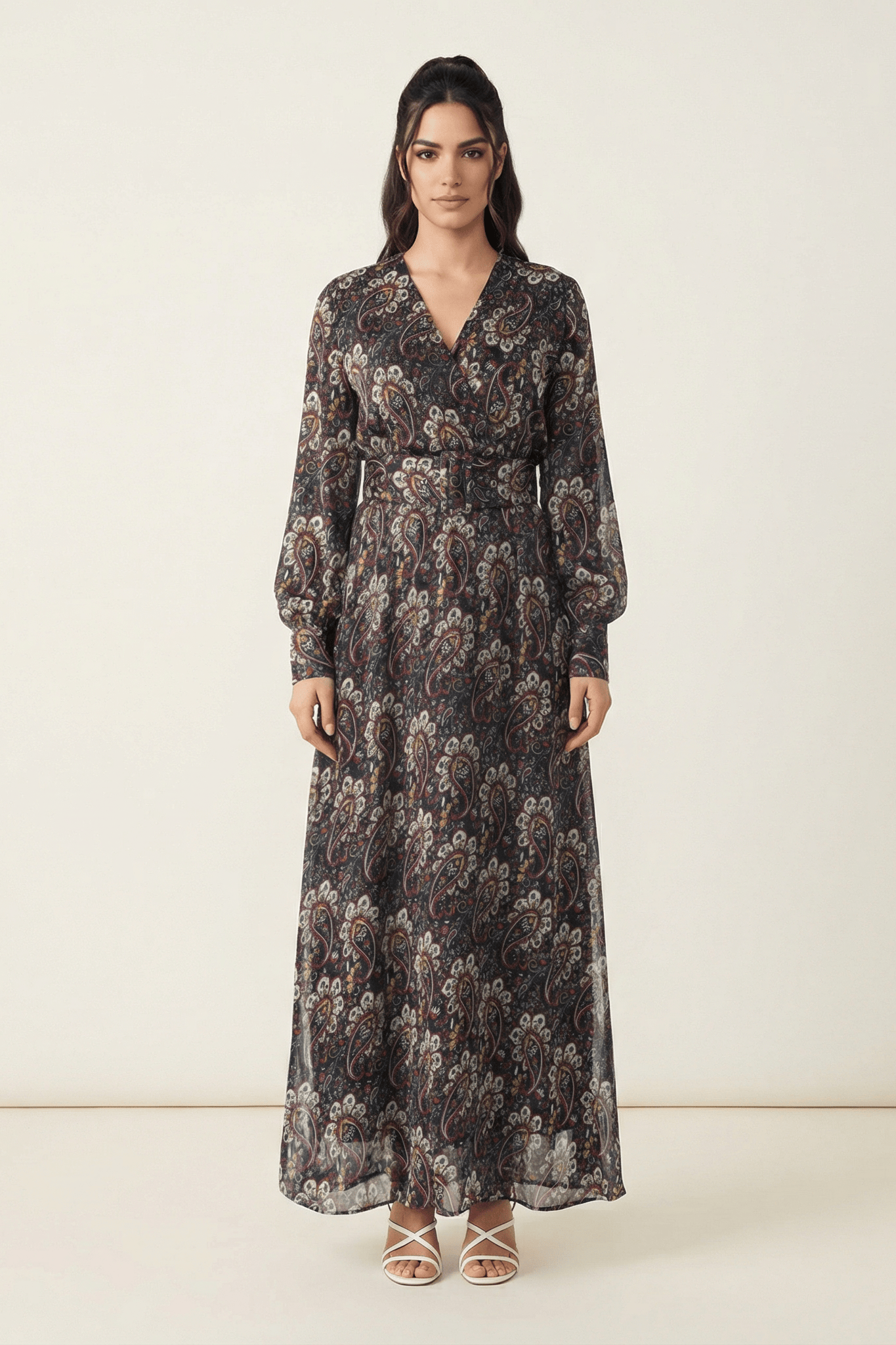 Pretty Paisley print v-neck chiffon shimmer maxi dress Kabayare