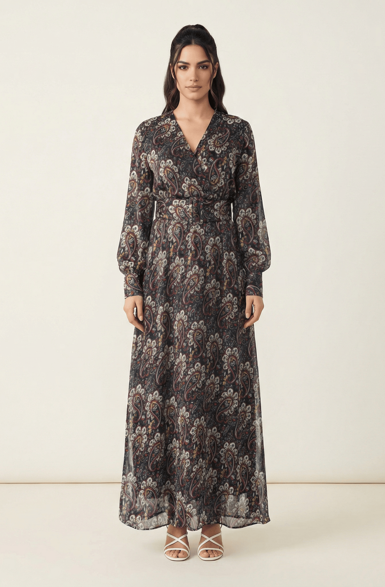 Pretty Paisley print v-neck chiffon shimmer maxi dress Kabayare