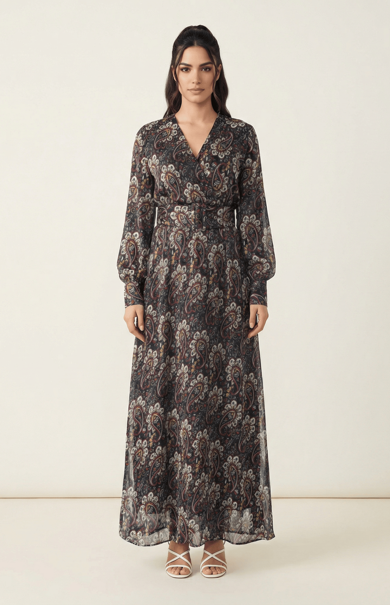 Pretty Paisley print v-neck chiffon shimmer maxi dress Kabayare