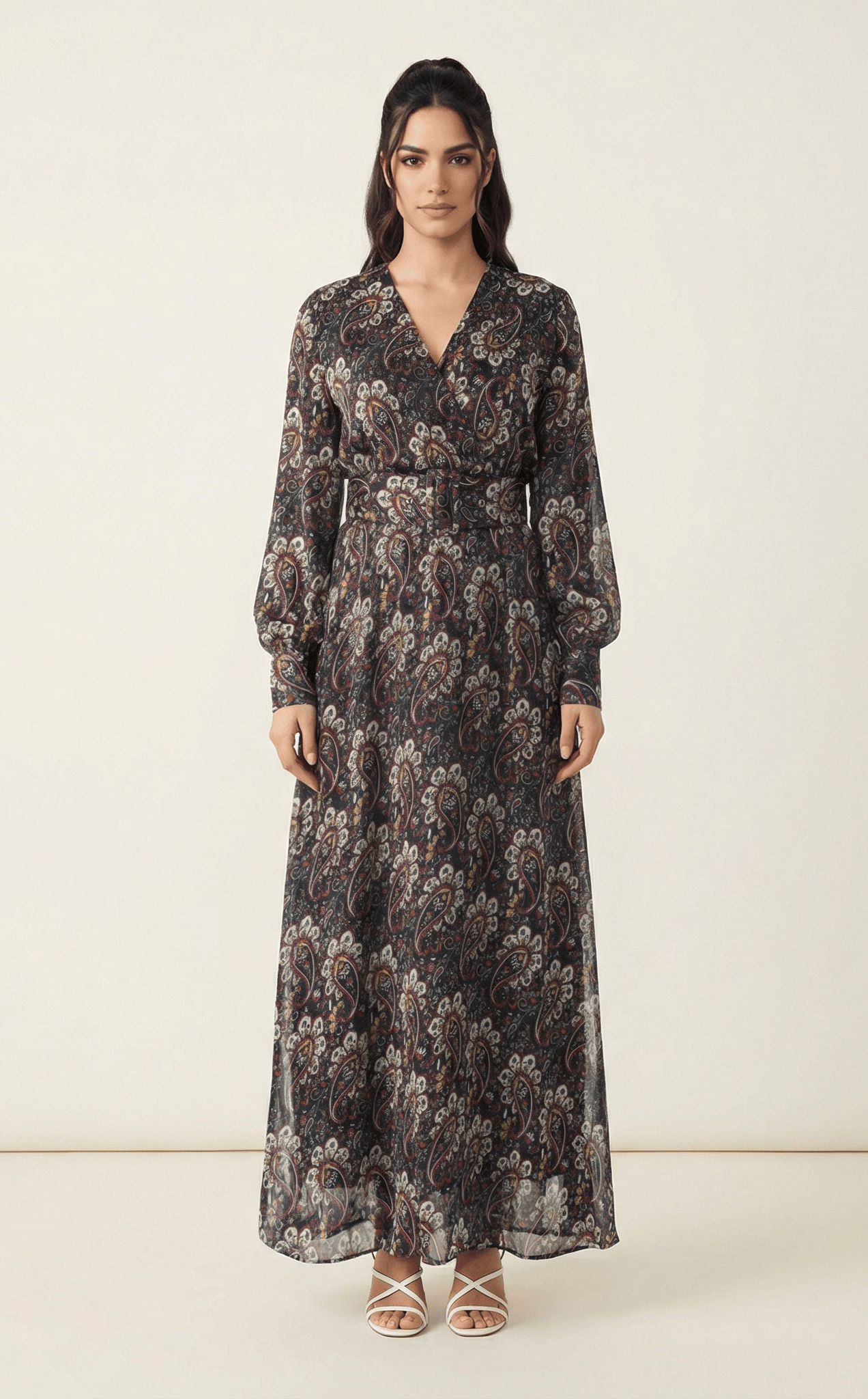 Pretty Paisley print v-neck chiffon shimmer maxi dress Kabayare