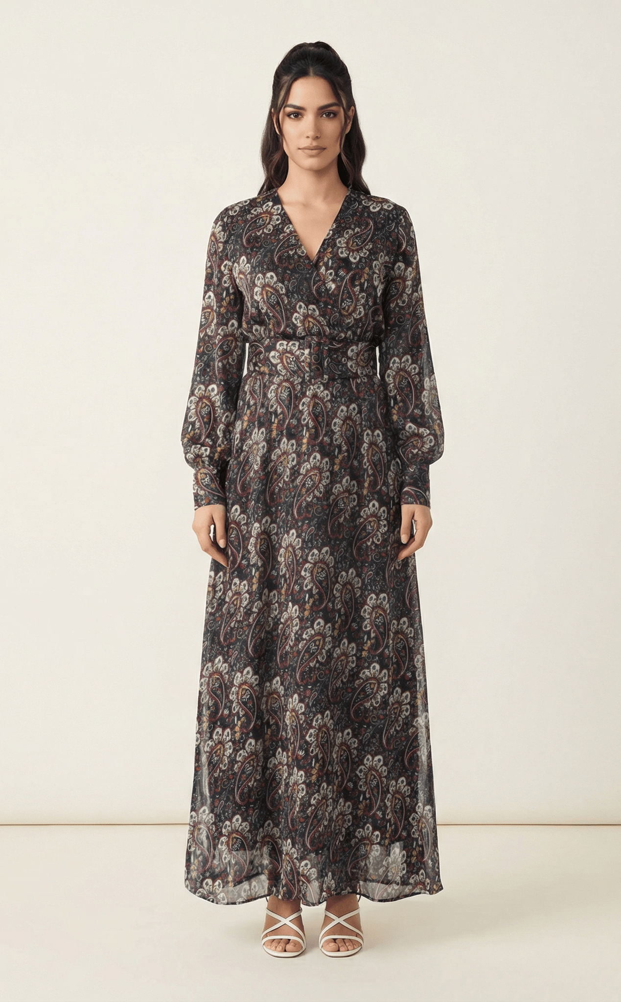 Pretty Paisley print v-neck chiffon shimmer maxi dress Kabayare