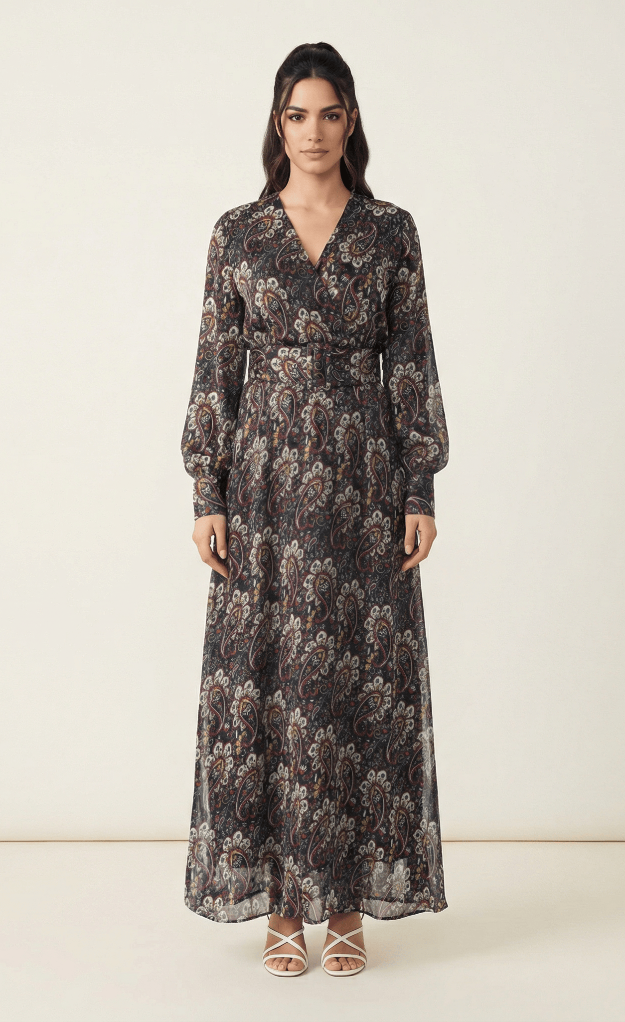 Pretty Paisley print v-neck chiffon shimmer maxi dress Kabayare