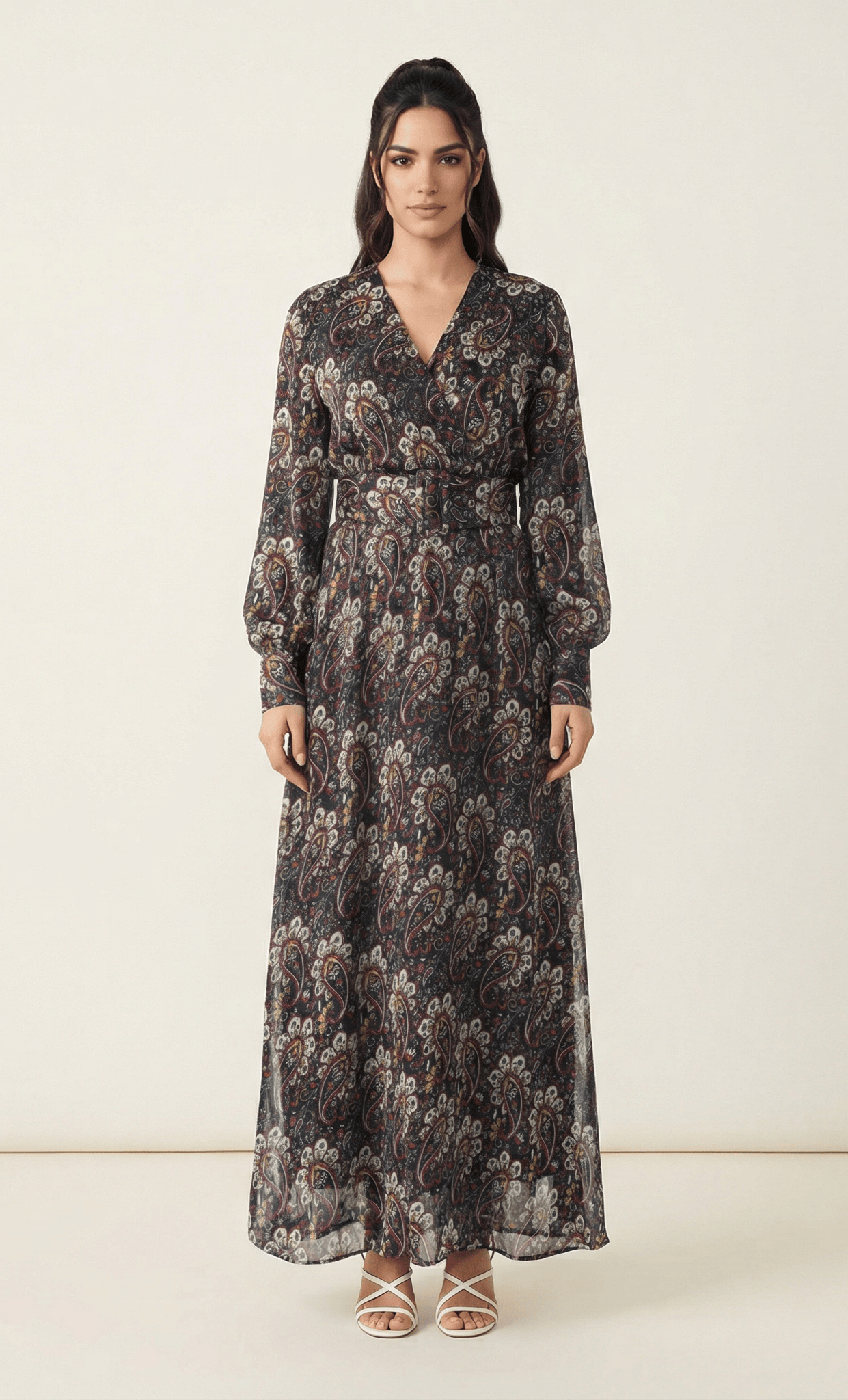 Pretty Paisley print v-neck chiffon shimmer maxi dress Kabayare