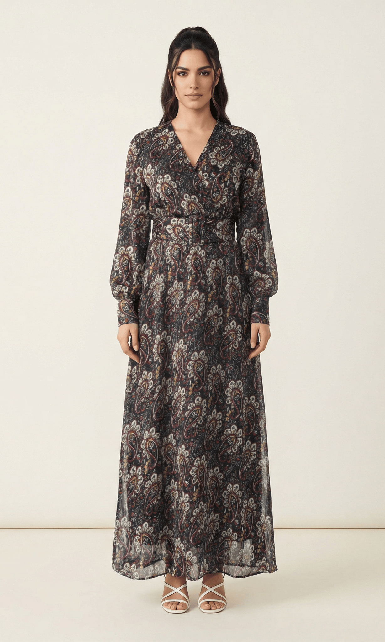 Pretty Paisley print v-neck chiffon shimmer maxi dress Kabayare