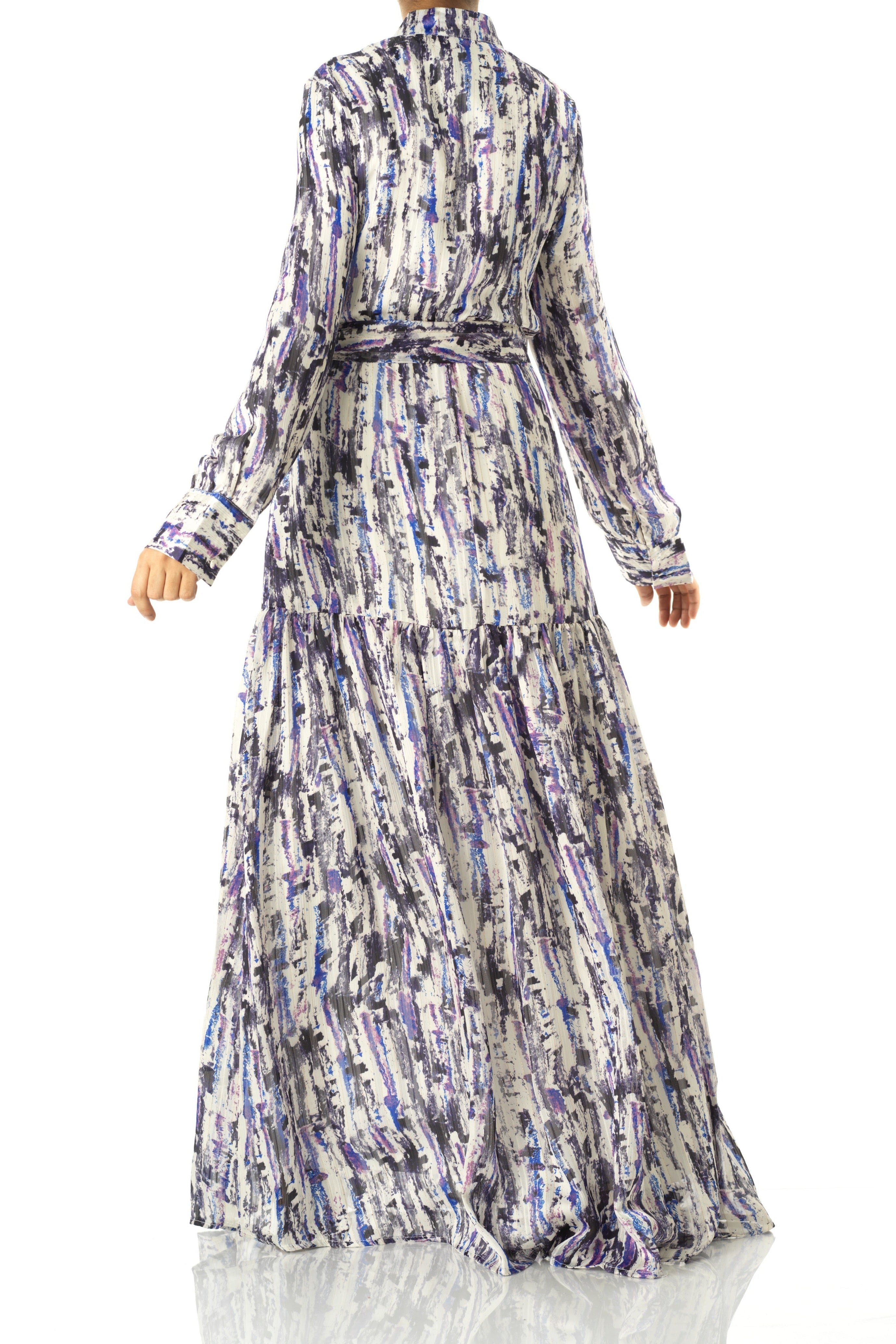 Purple Abstract art crepe long sleeve maxi dress Kabayare