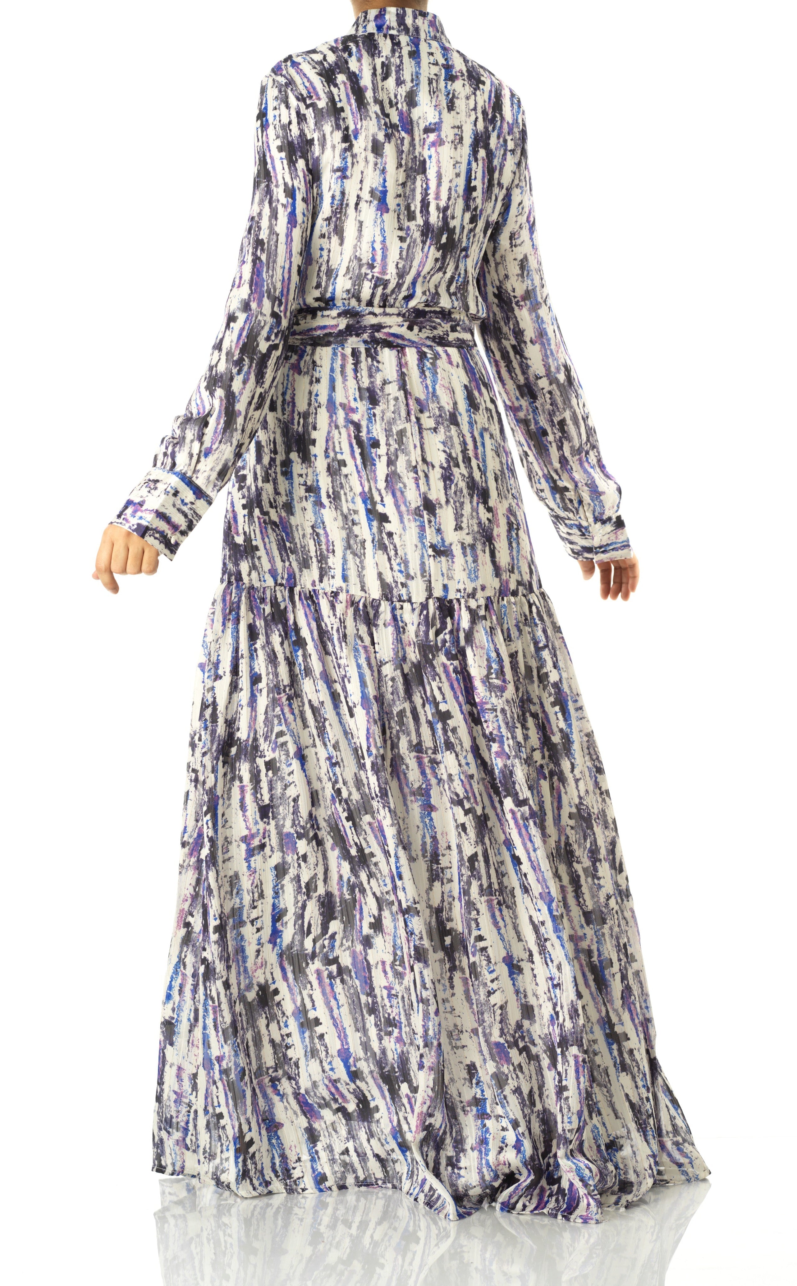 Purple Abstract art crepe long sleeve maxi dress Kabayare