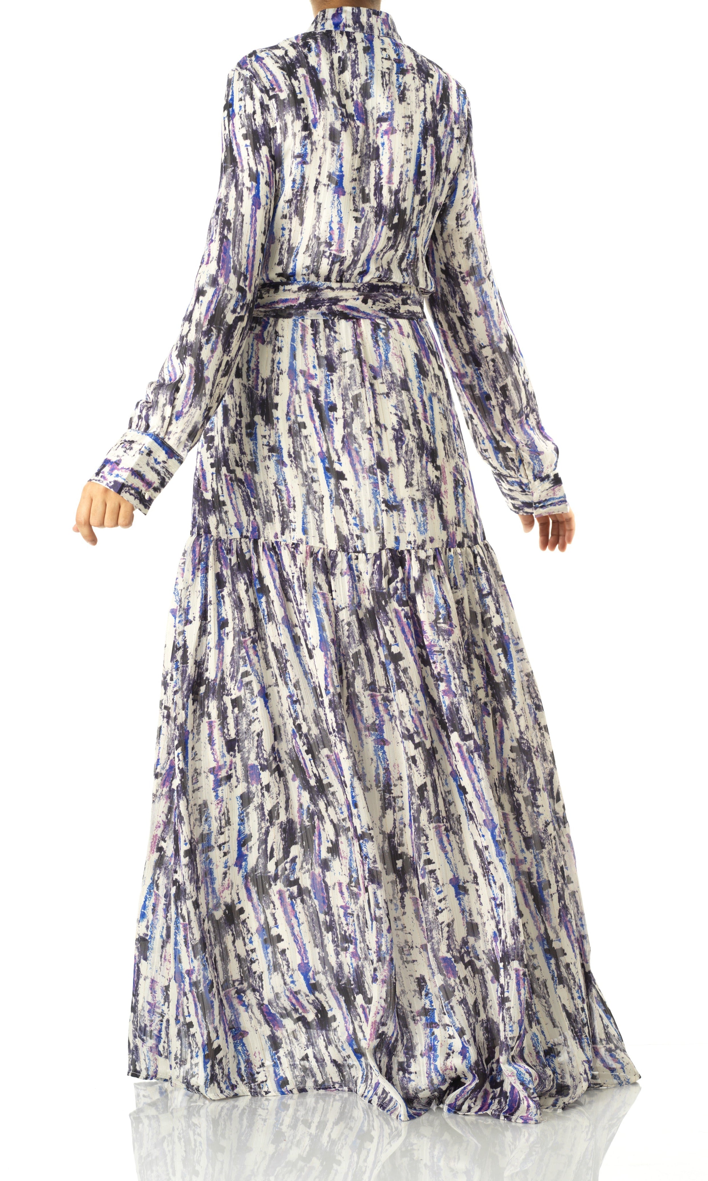 Purple Abstract art crepe long sleeve maxi dress Kabayare
