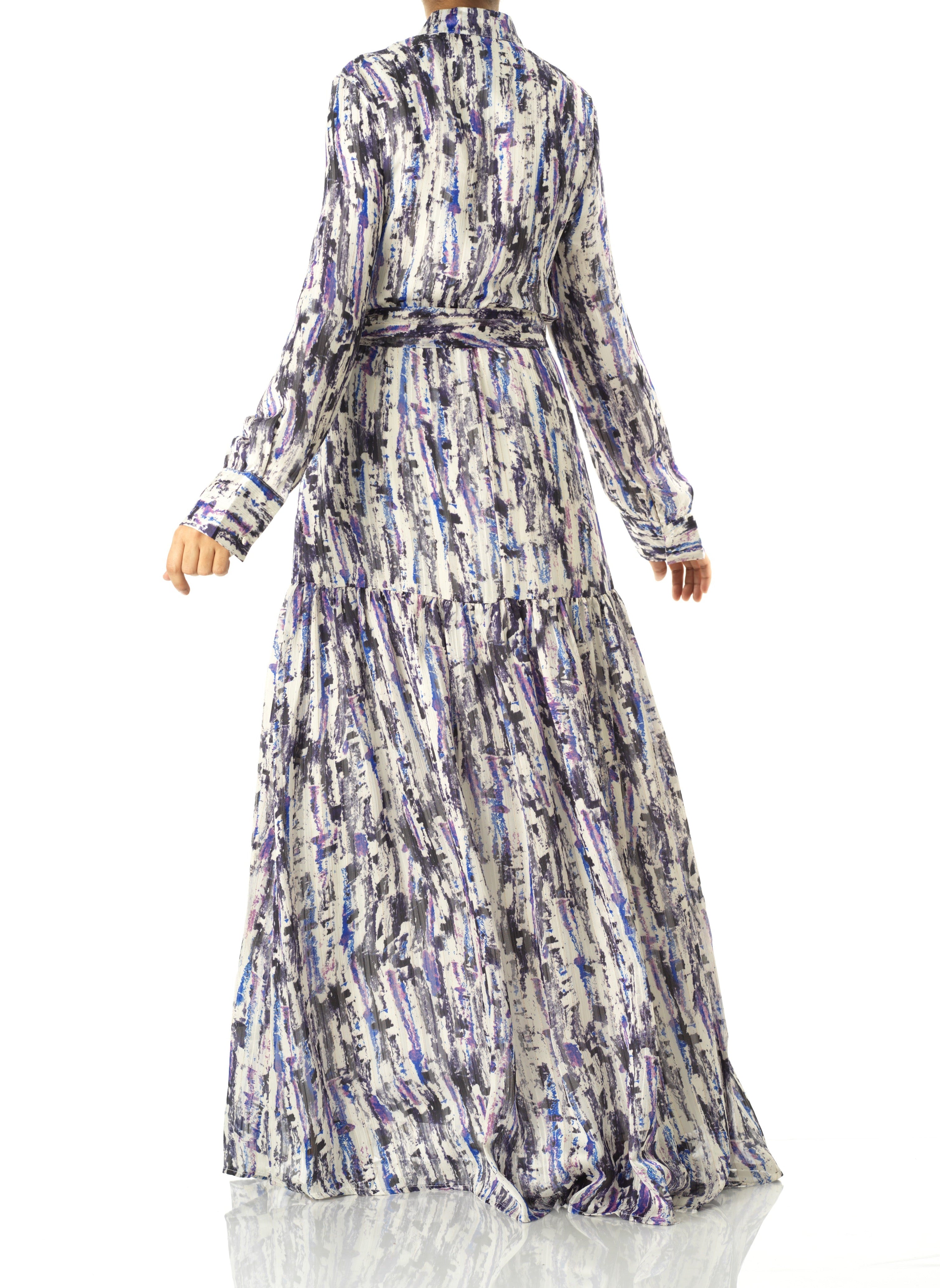 Purple Abstract art crepe long sleeve maxi dress Kabayare
