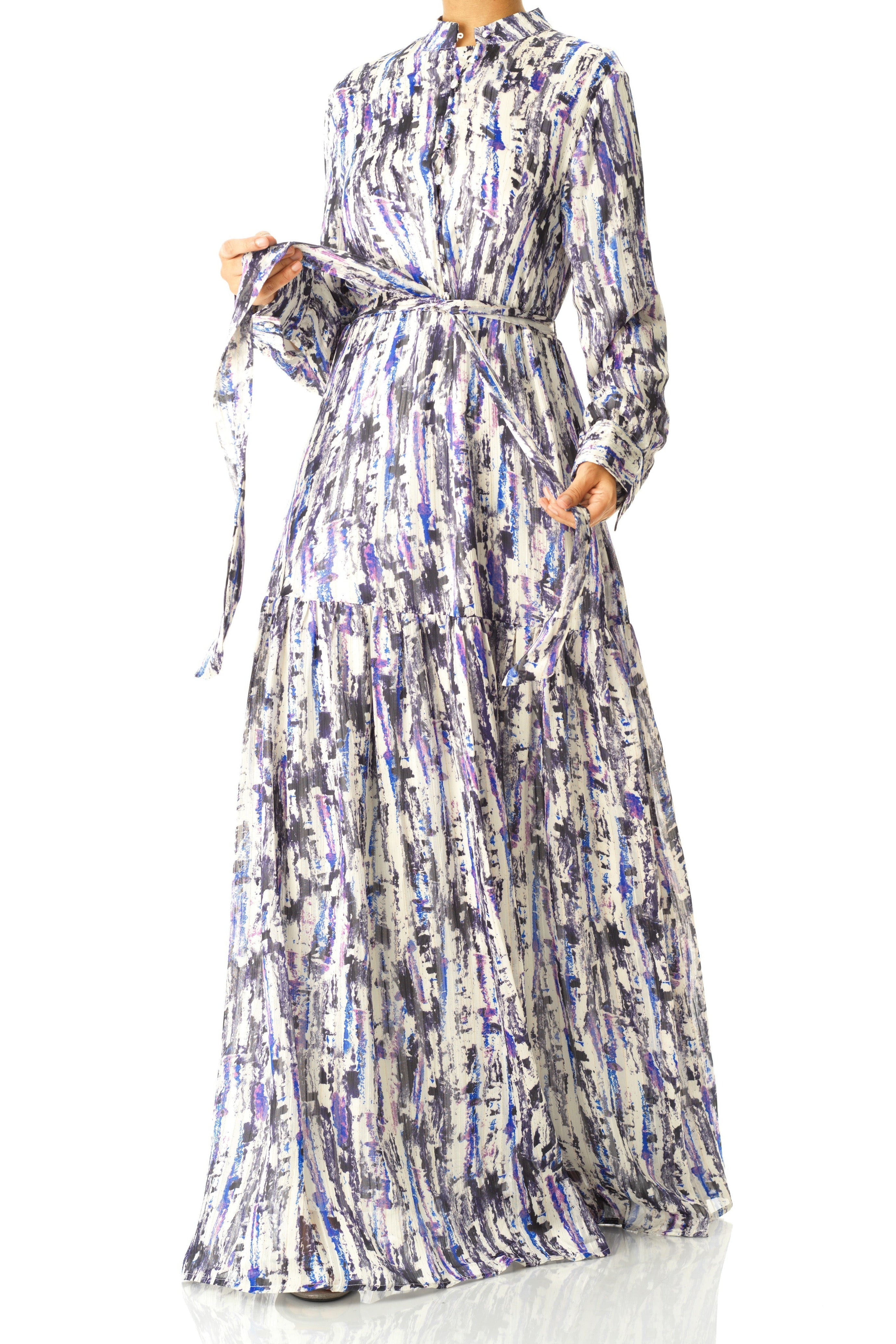 Purple Abstract art crepe long sleeve maxi dress Kabayare