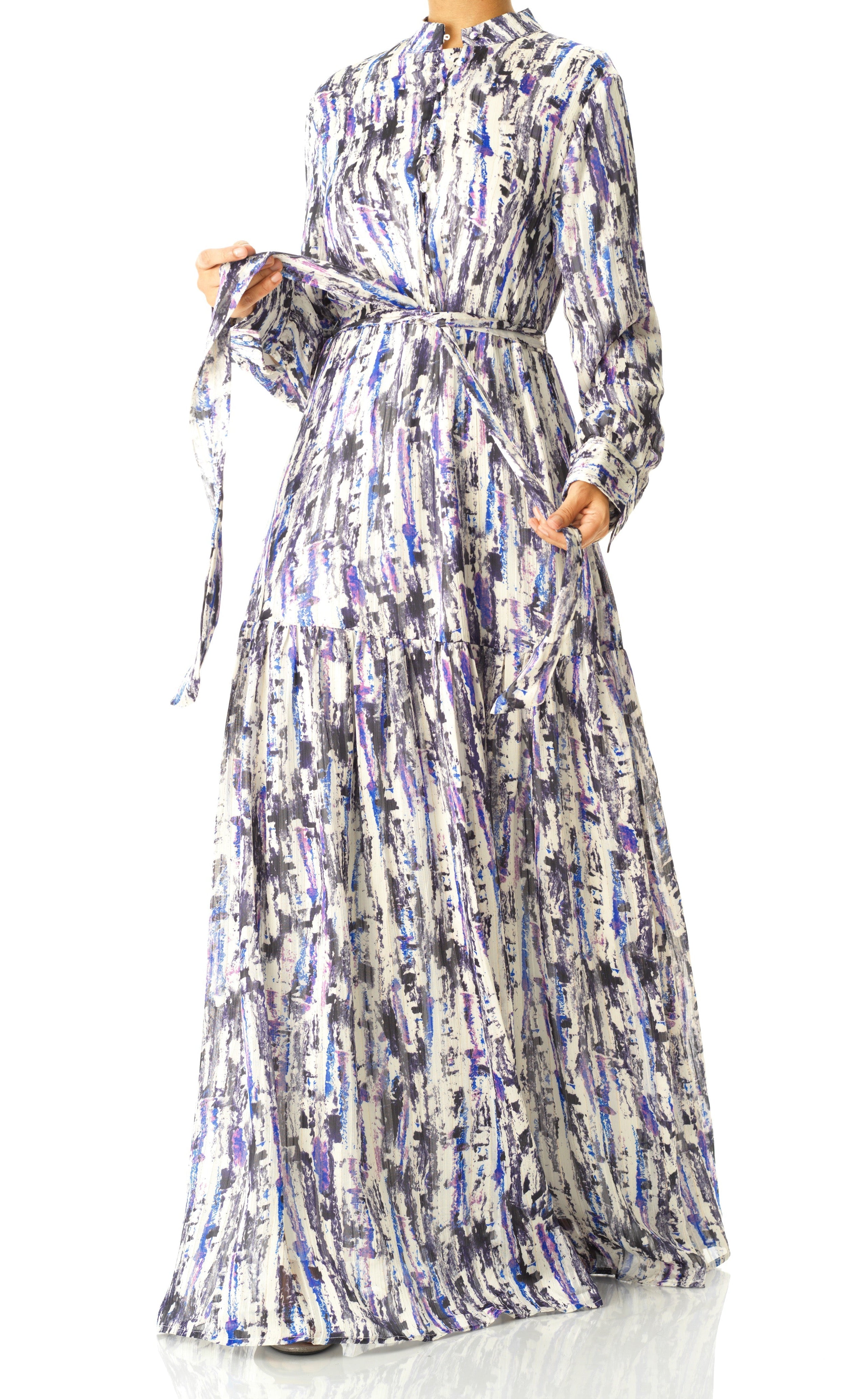 Purple Abstract art crepe long sleeve maxi dress Kabayare