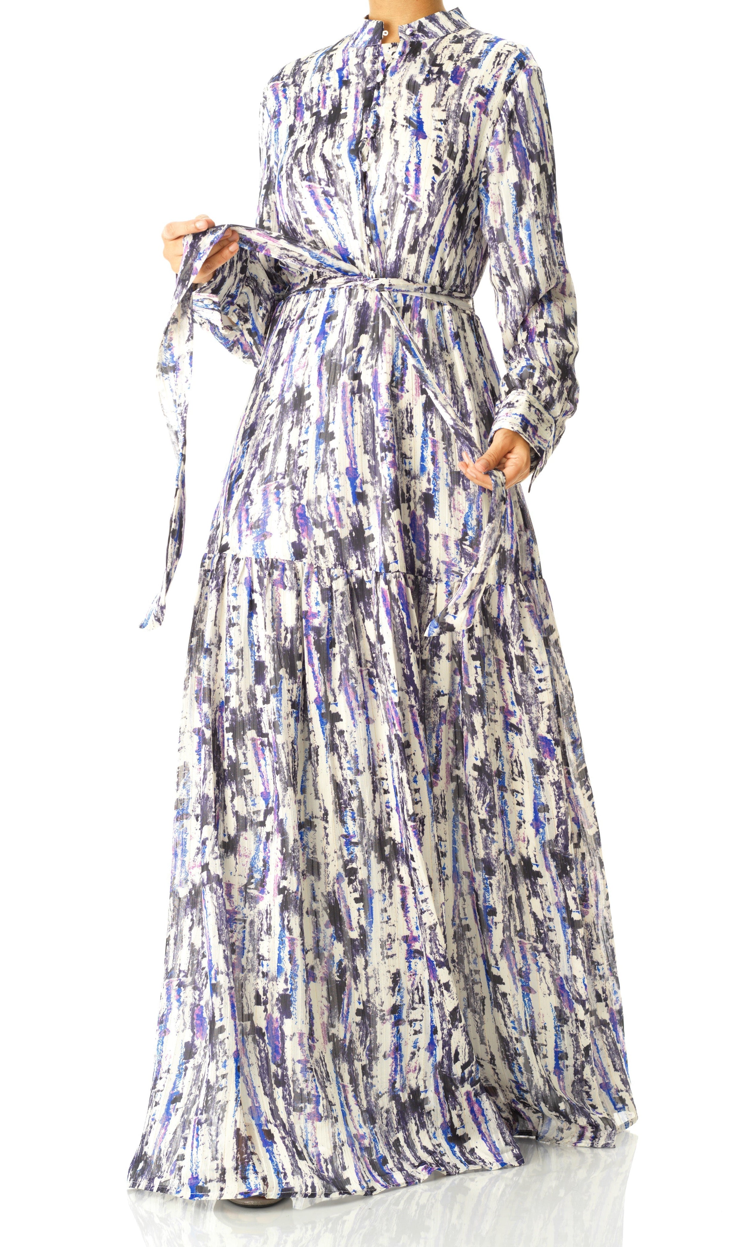 Purple Abstract art crepe long sleeve maxi dress Kabayare