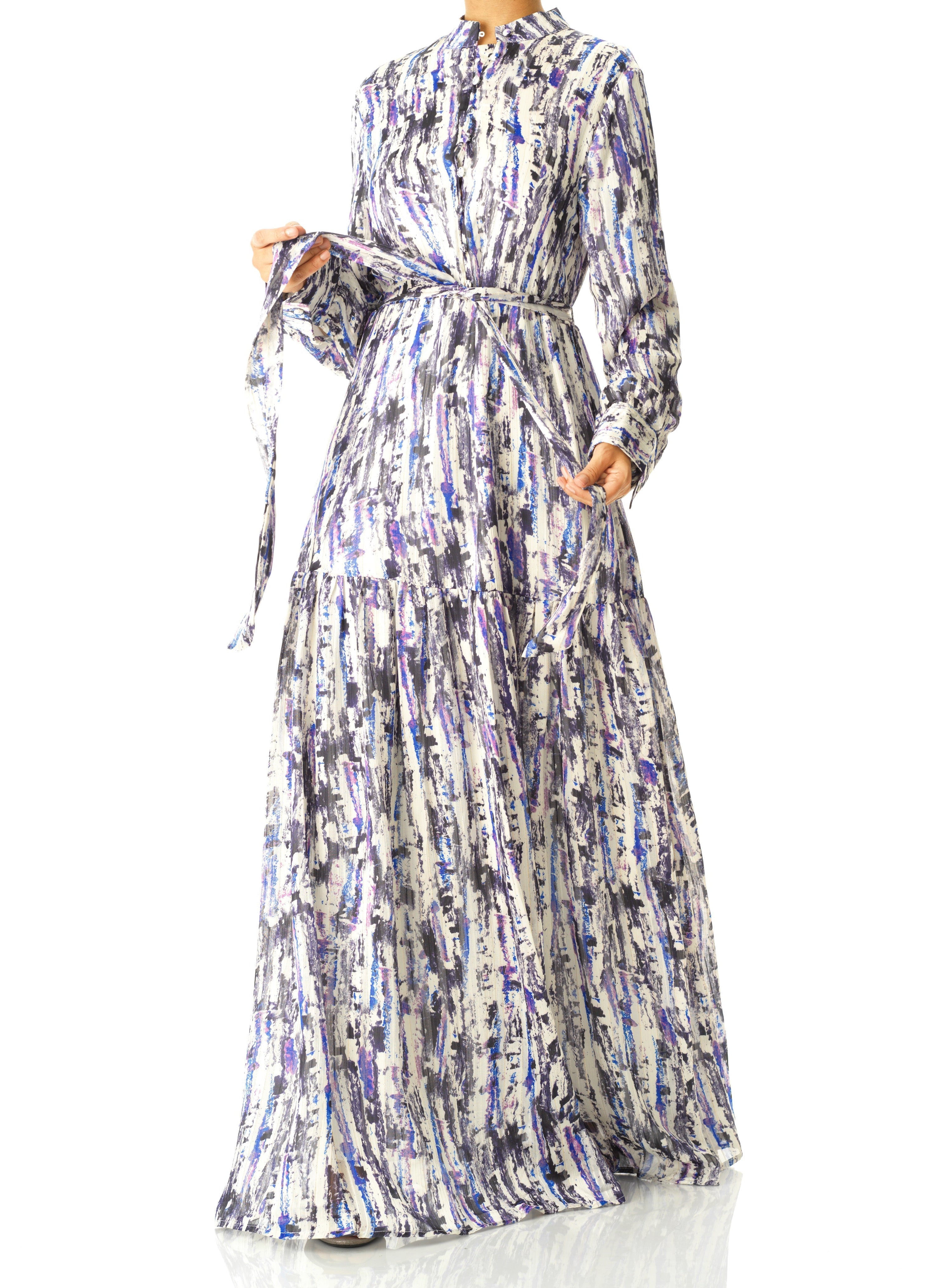 Purple Abstract art crepe long sleeve maxi dress Kabayare