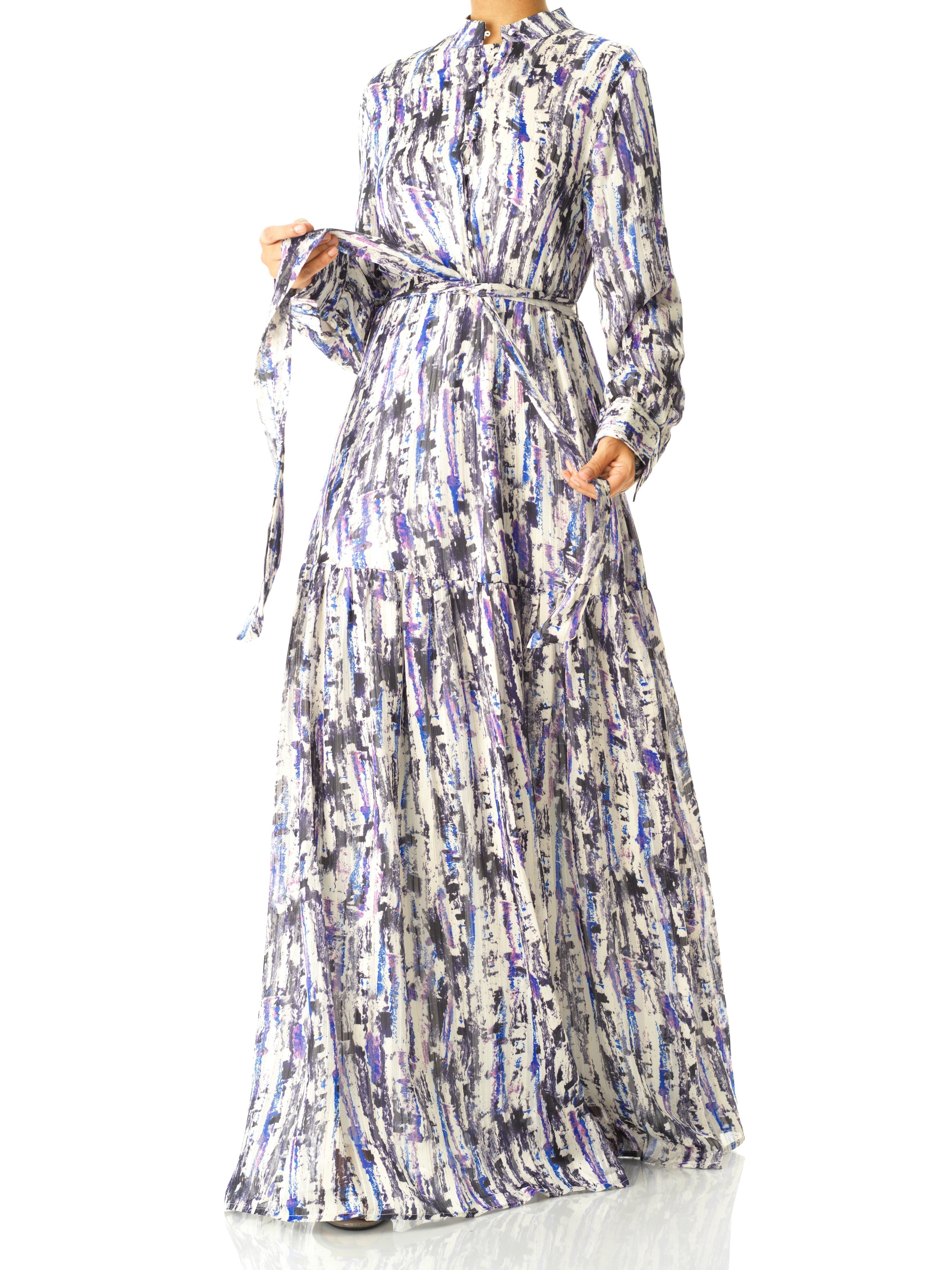 Purple Abstract art crepe long sleeve maxi dress Kabayare