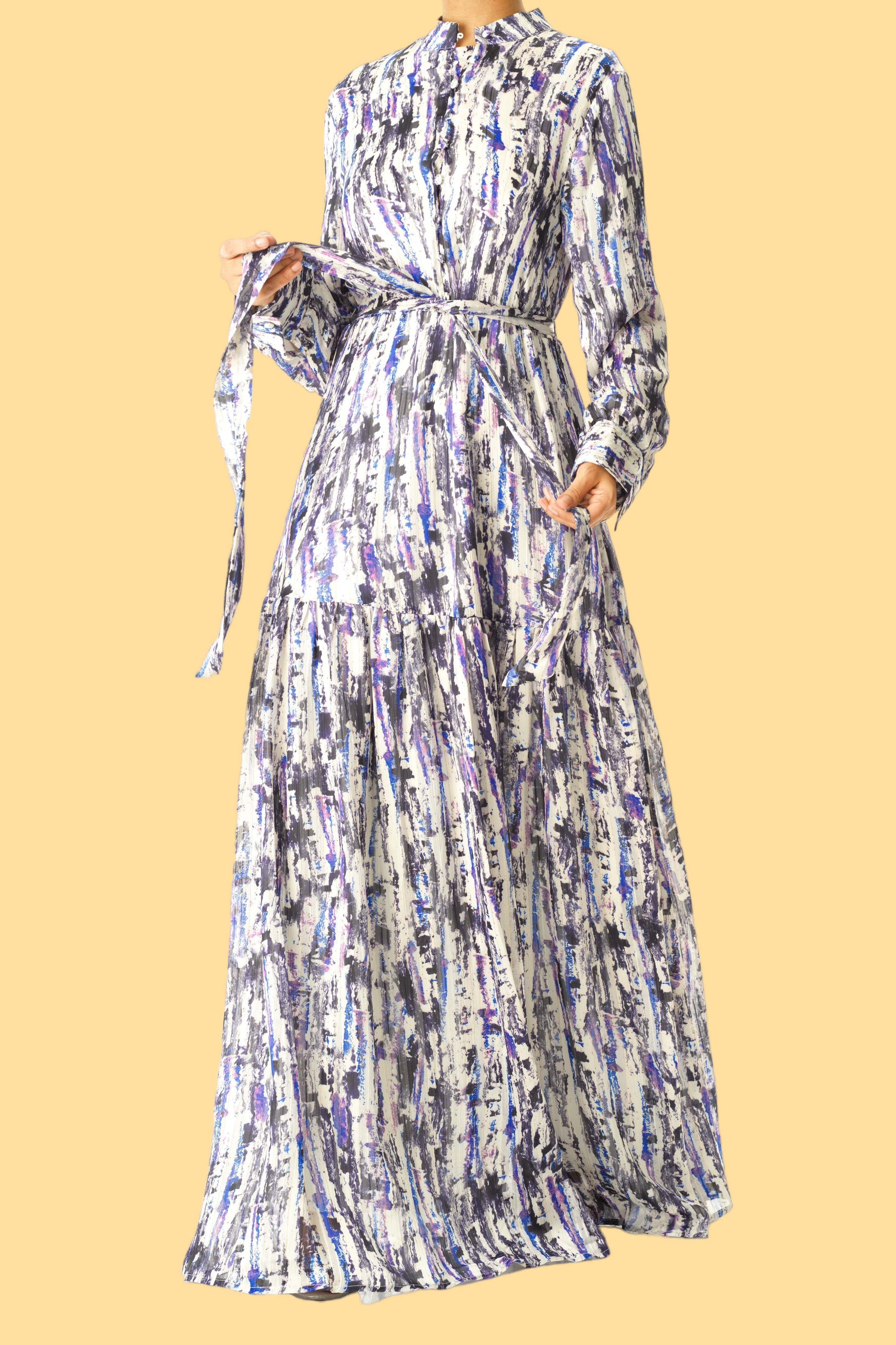 Purple Abstract art crepe long sleeve maxi dress Kabayare