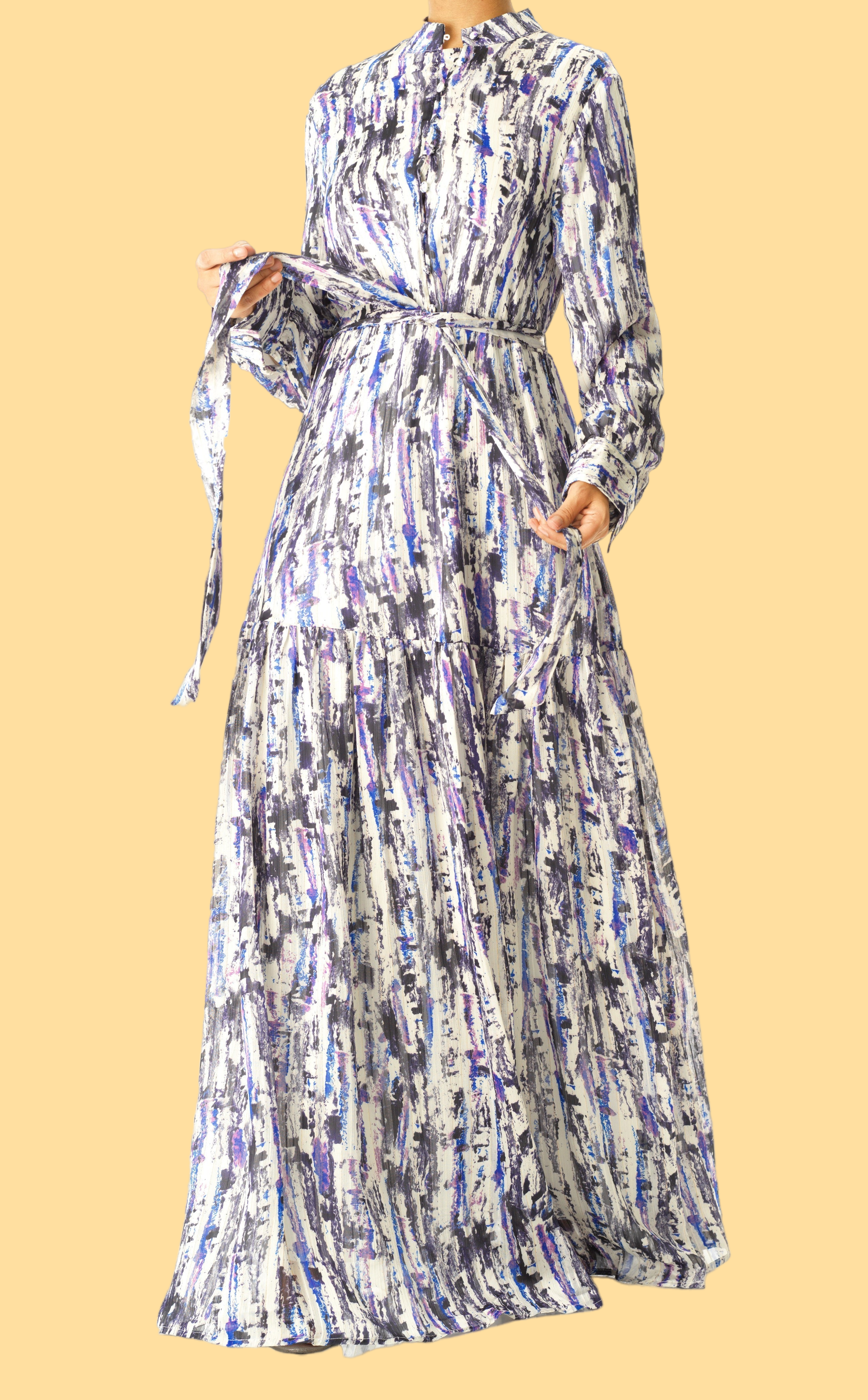 Purple Abstract art crepe long sleeve maxi dress Kabayare