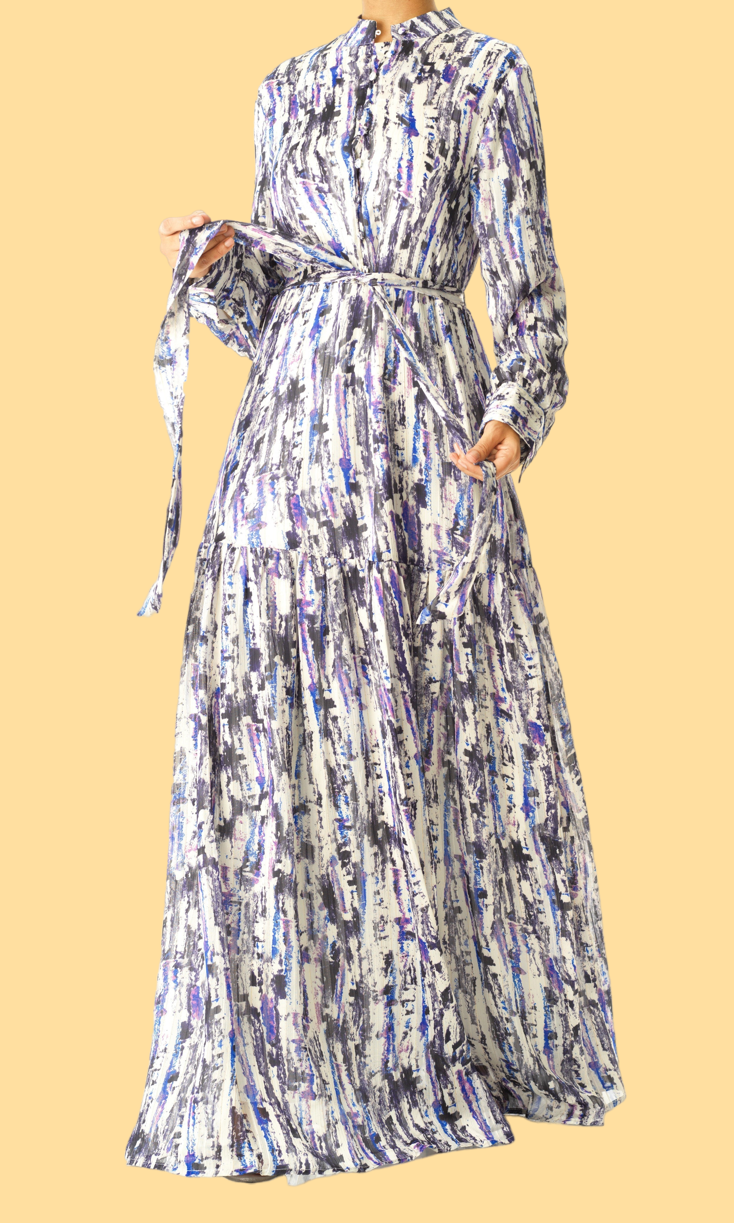 Purple Abstract art crepe long sleeve maxi dress Kabayare