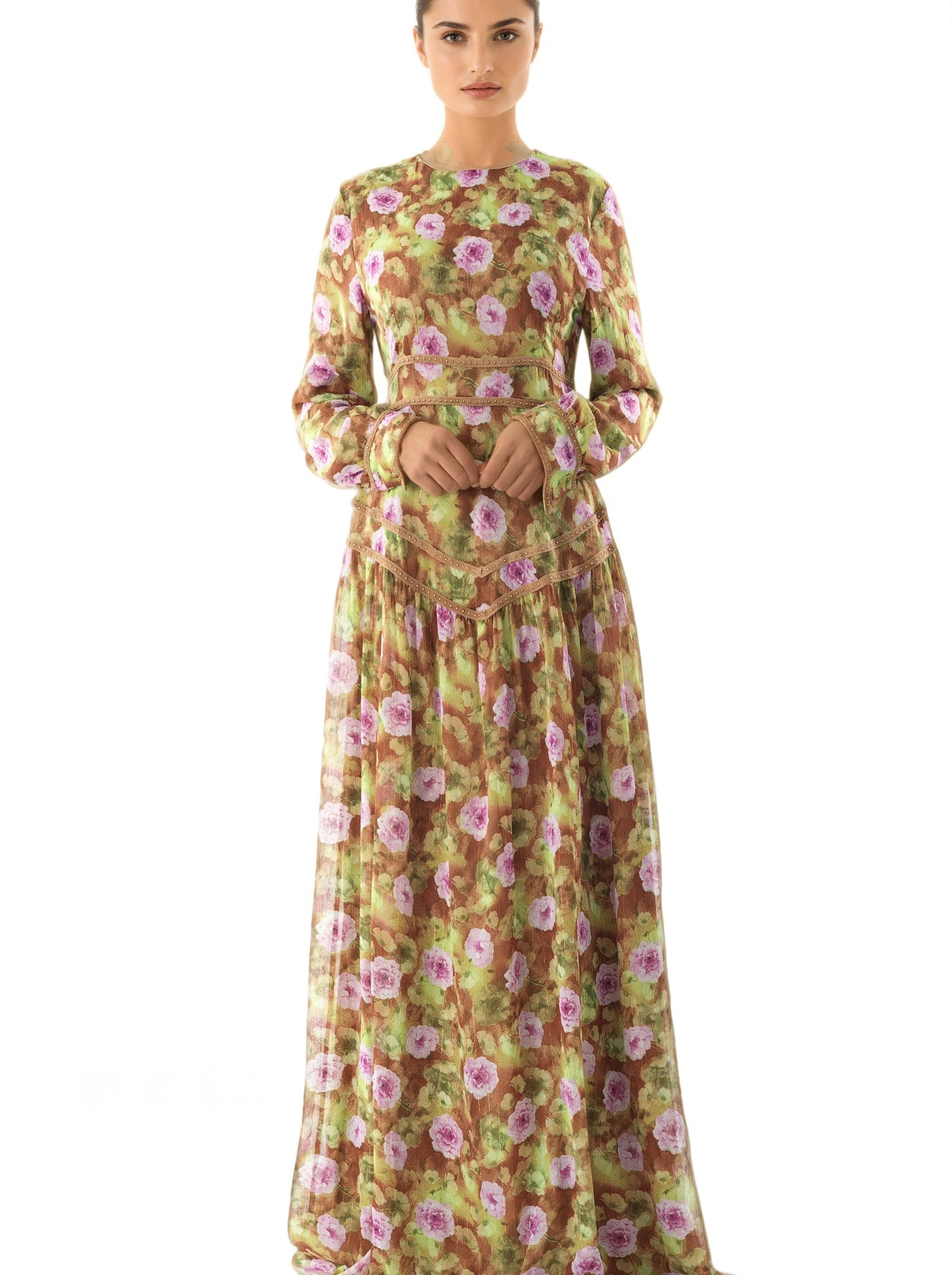 Rana peony print chiffon shimmer modest dress Kabayare