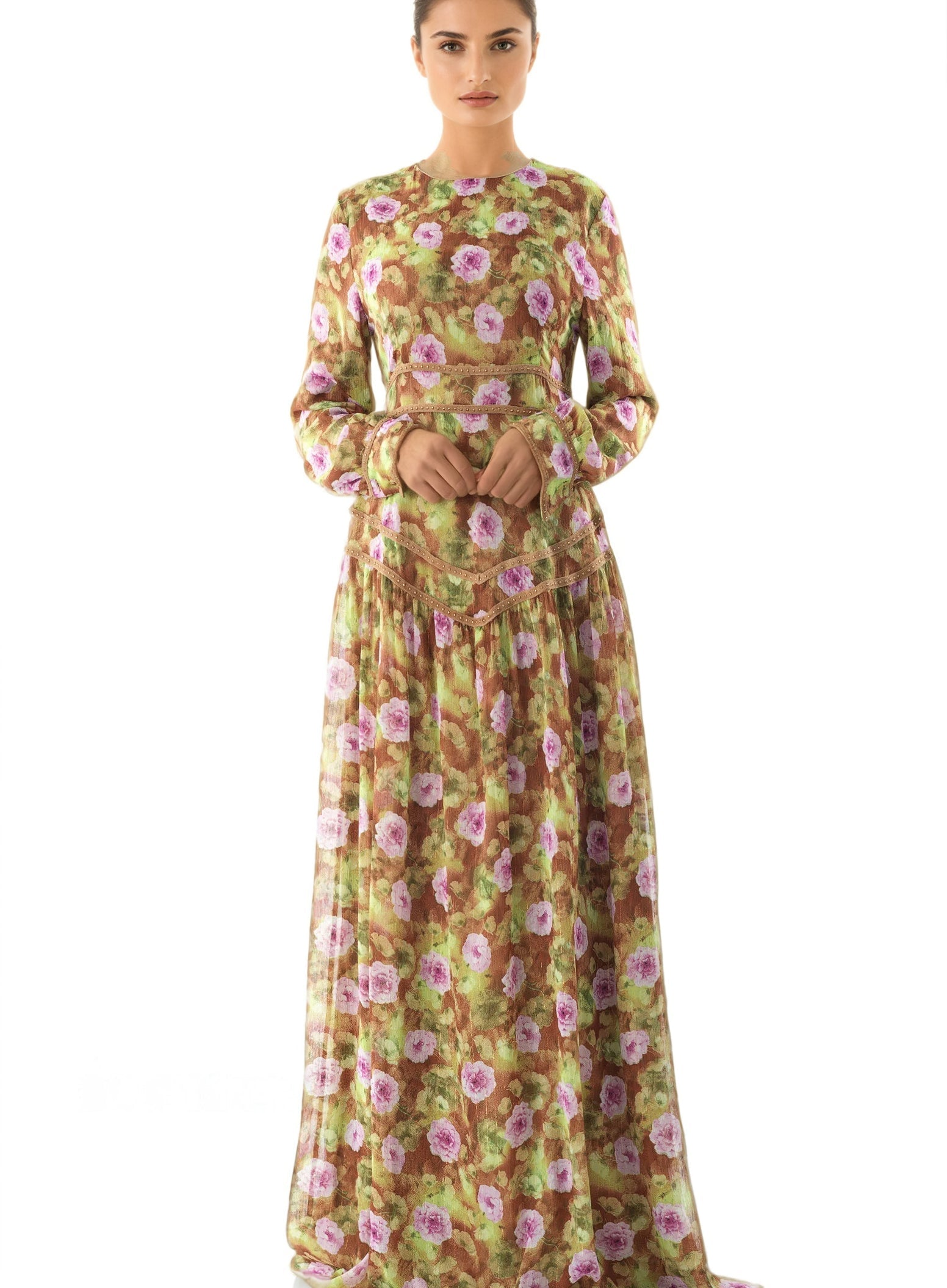 Rana peony print chiffon shimmer modest dress Kabayare