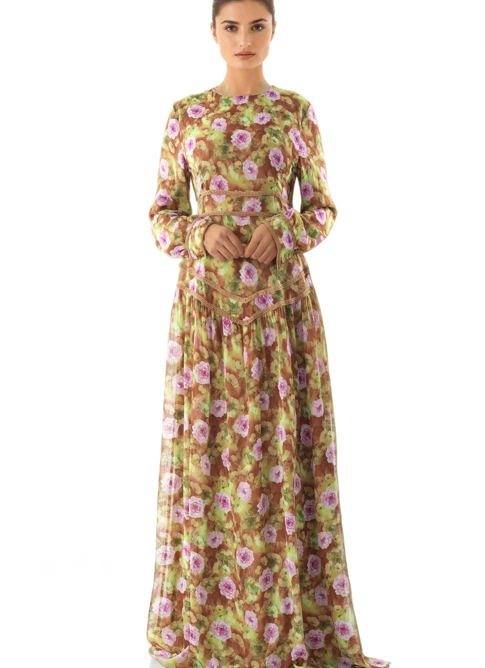 Rana peony print chiffon shimmer modest dress Kabayare