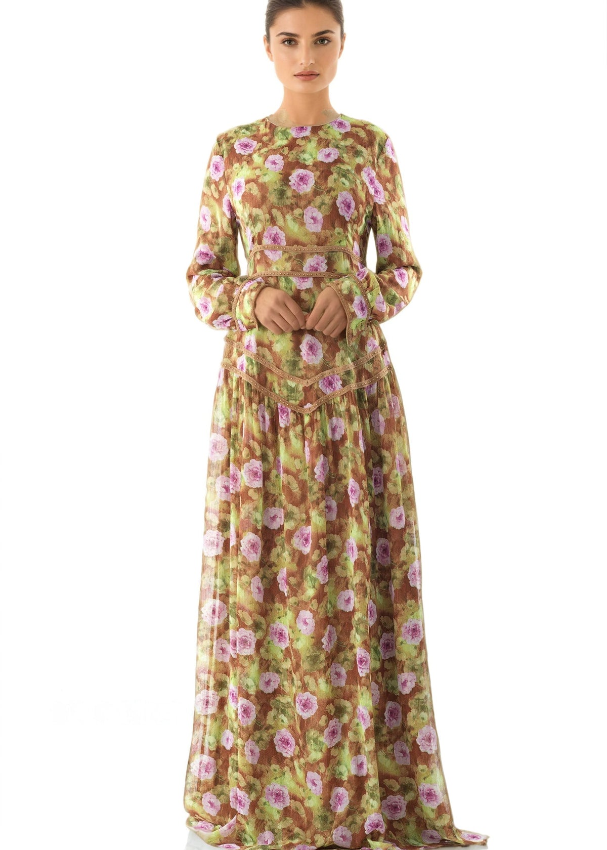 Rana peony print chiffon shimmer modest dress Kabayare