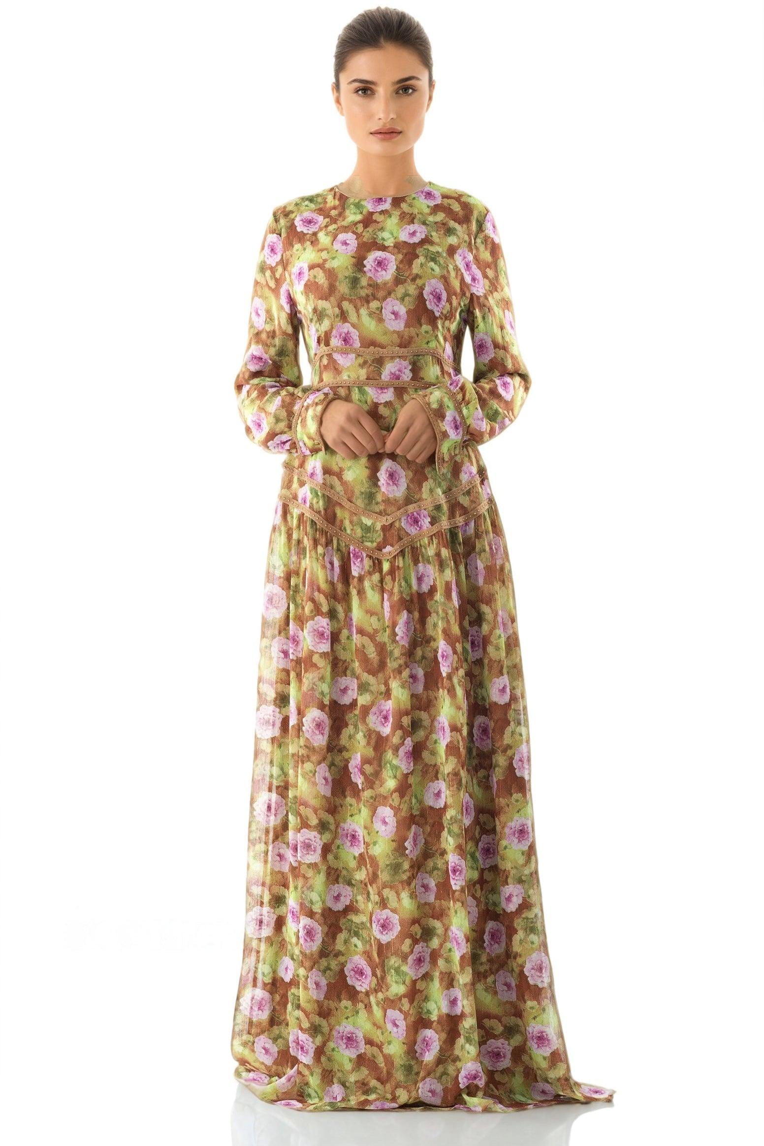Rana peony print chiffon shimmer modest dress Kabayare