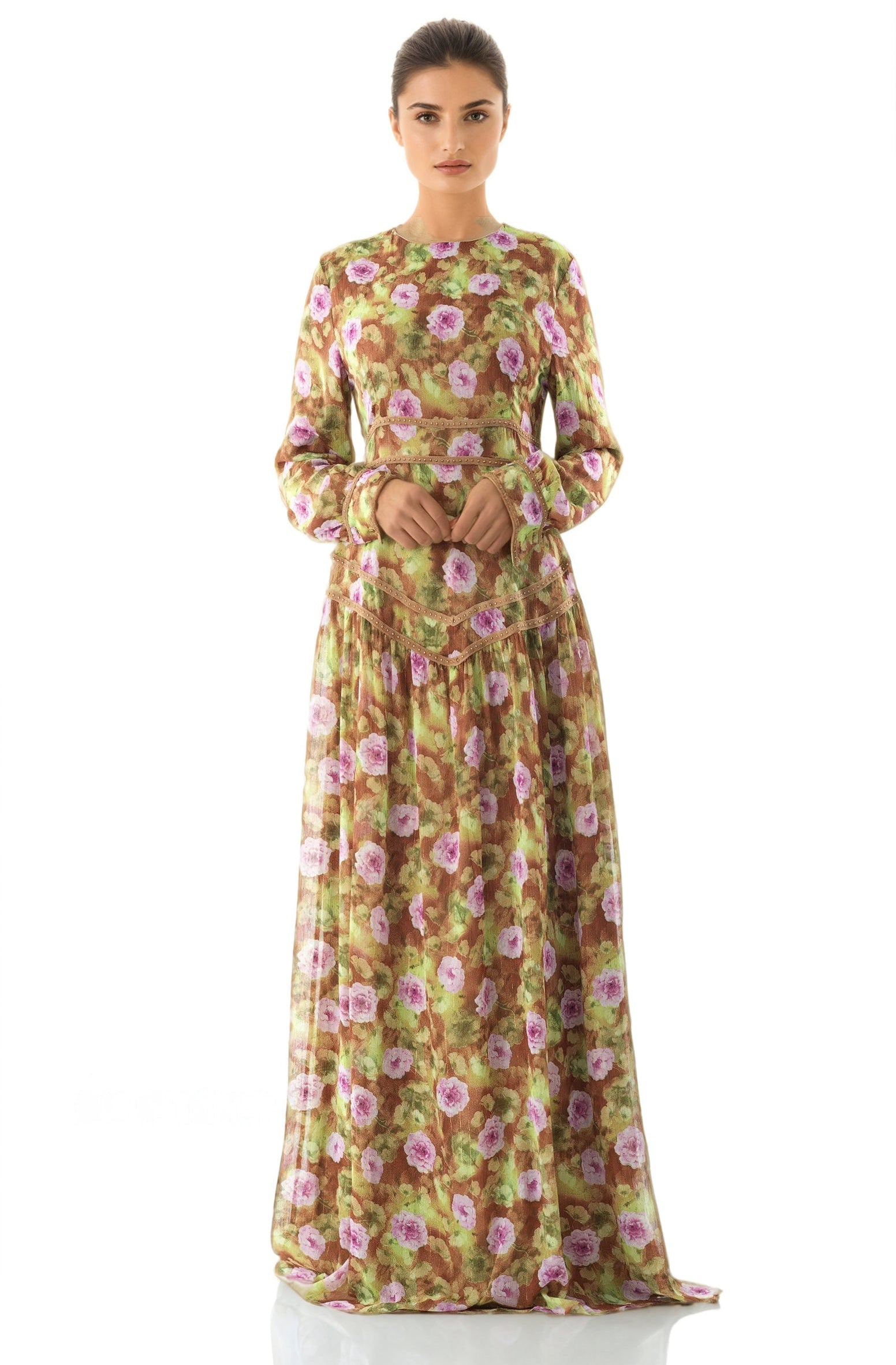 Rana peony print chiffon shimmer modest dress Kabayare