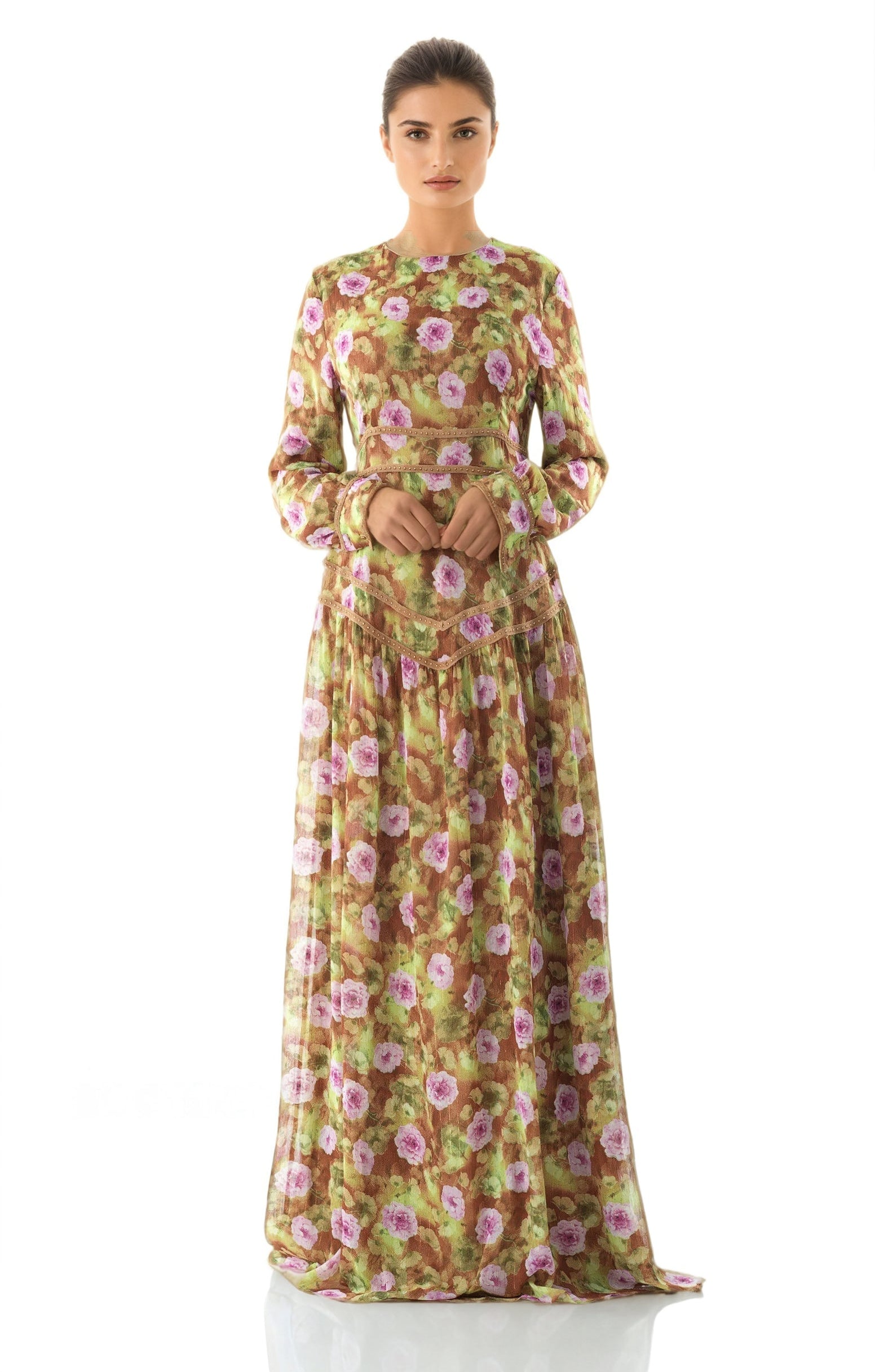 Rana peony print chiffon shimmer modest dress Kabayare