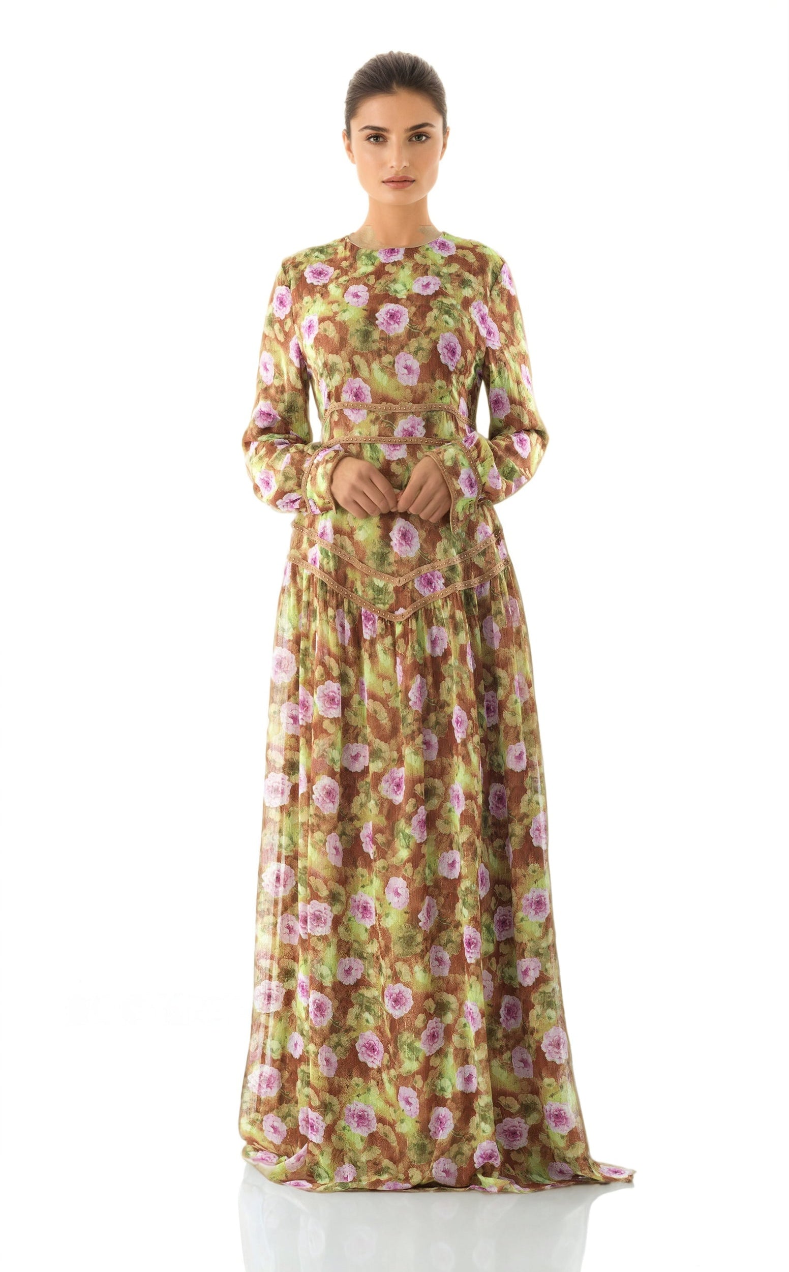 Rana peony print chiffon shimmer modest dress Kabayare