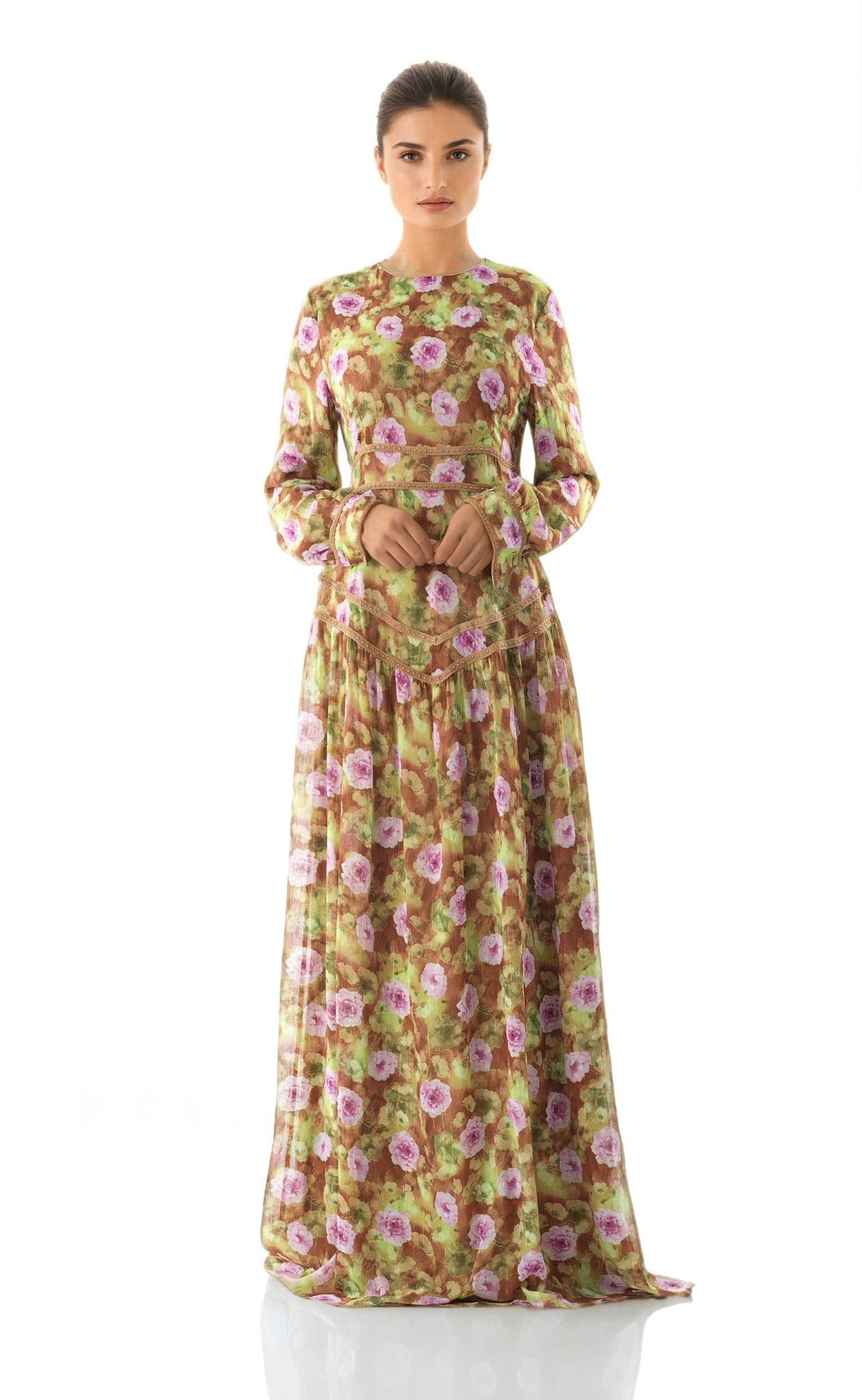 Rana peony print chiffon shimmer modest dress Kabayare