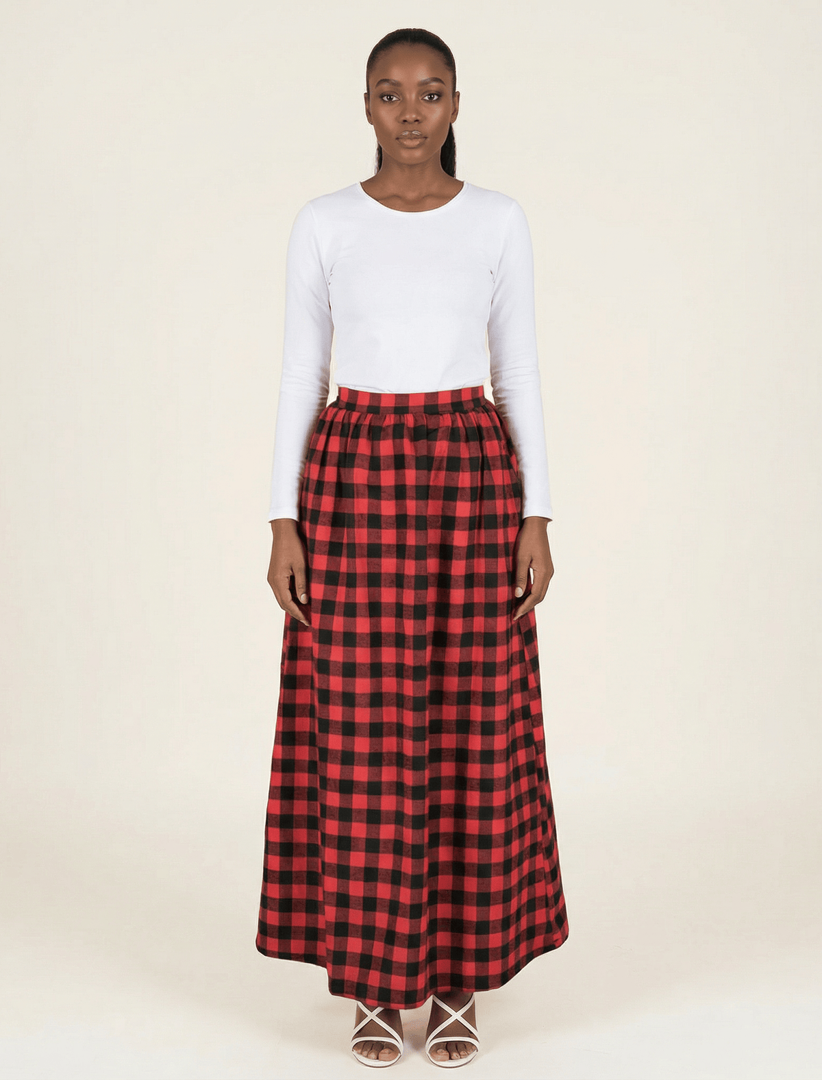 Red Plaid Maxi Skirt Kabayare