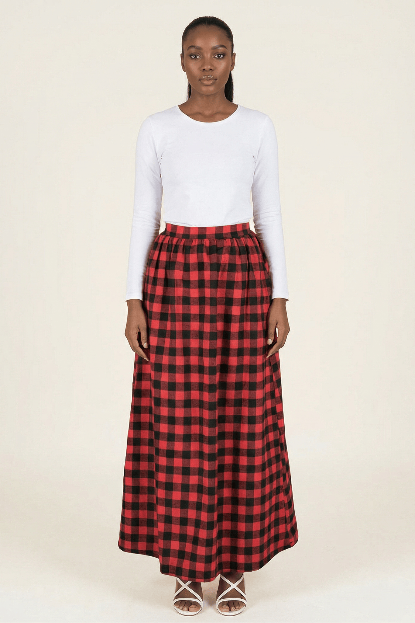 Red Plaid Maxi Skirt Kabayare