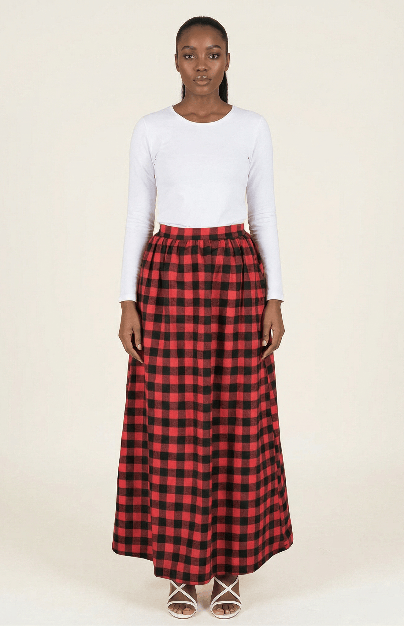Red Plaid Maxi Skirt Kabayare