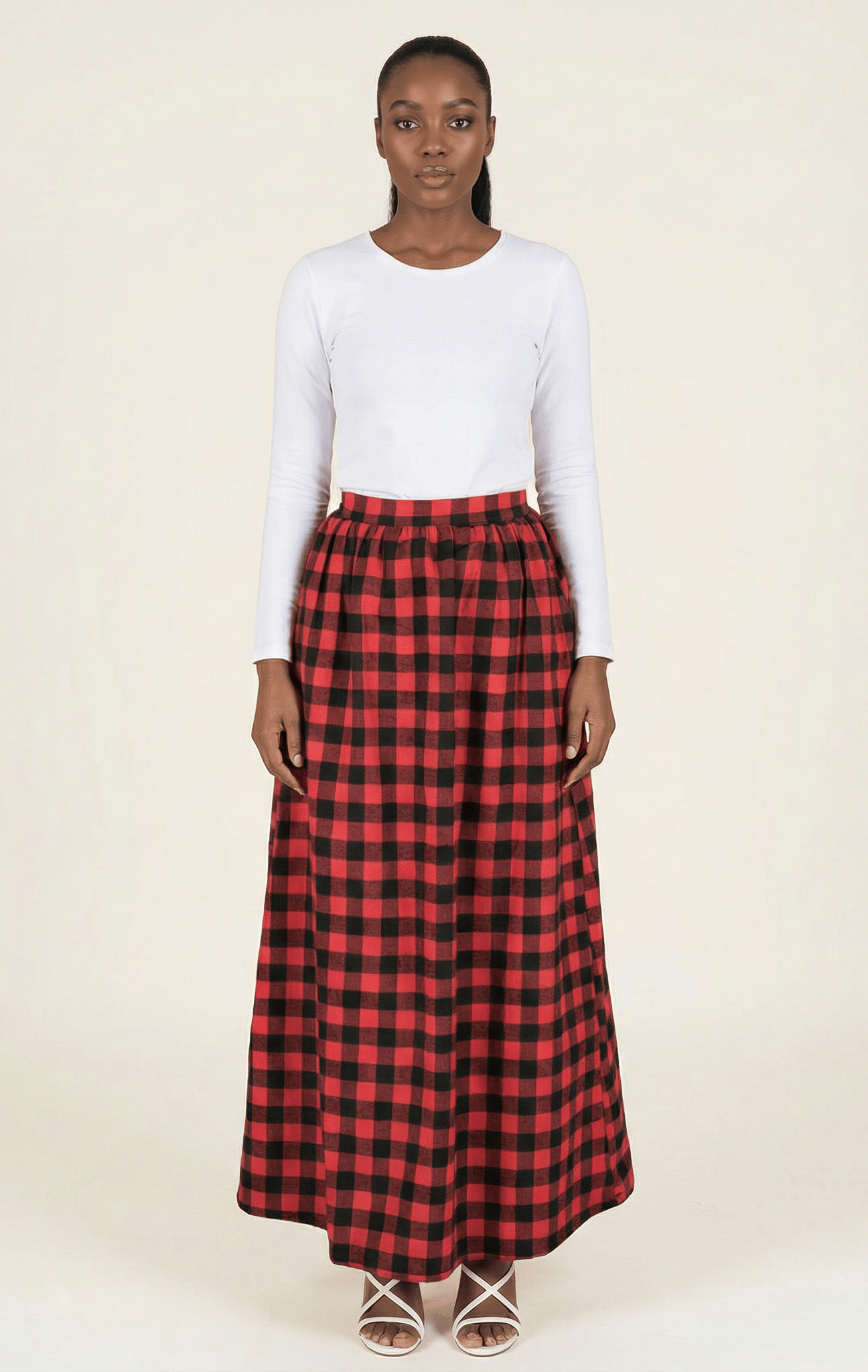 Red Plaid Maxi Skirt Kabayare