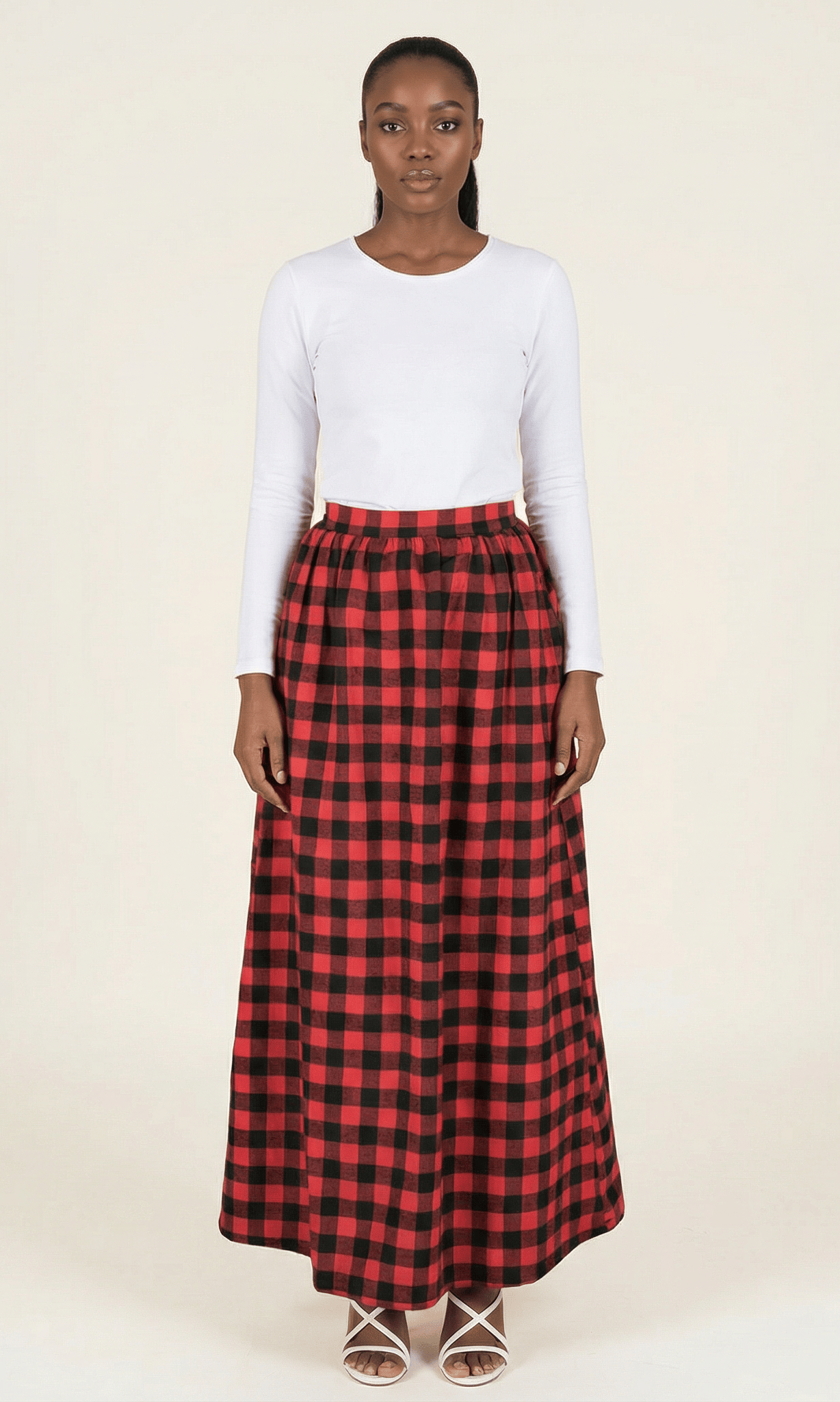 Red Plaid Maxi Skirt Kabayare