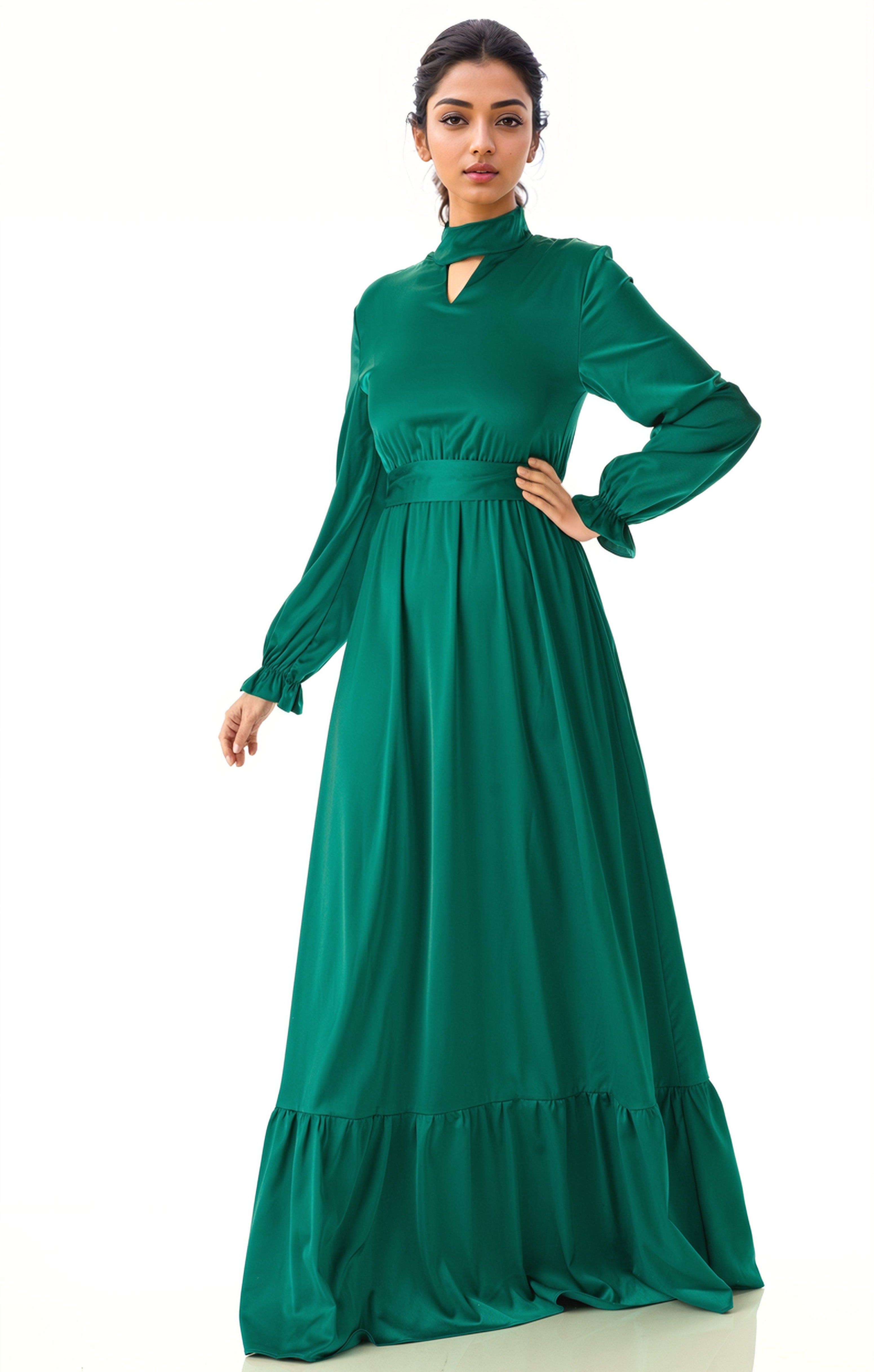 Royal Green Satin dreamy romance modest maxi dress Kabayare