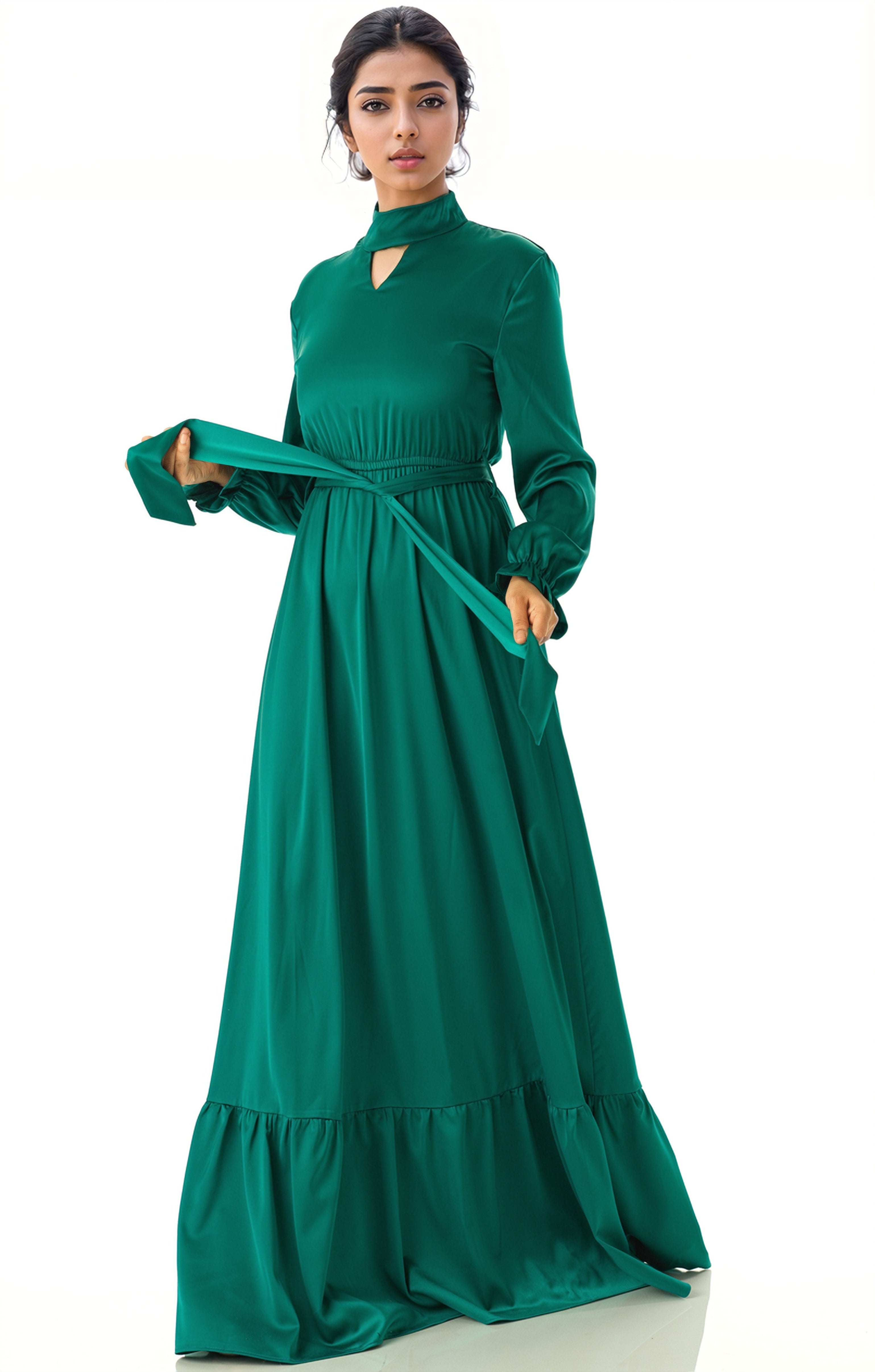 Royal Green Satin dreamy romance modest maxi dress Kabayare