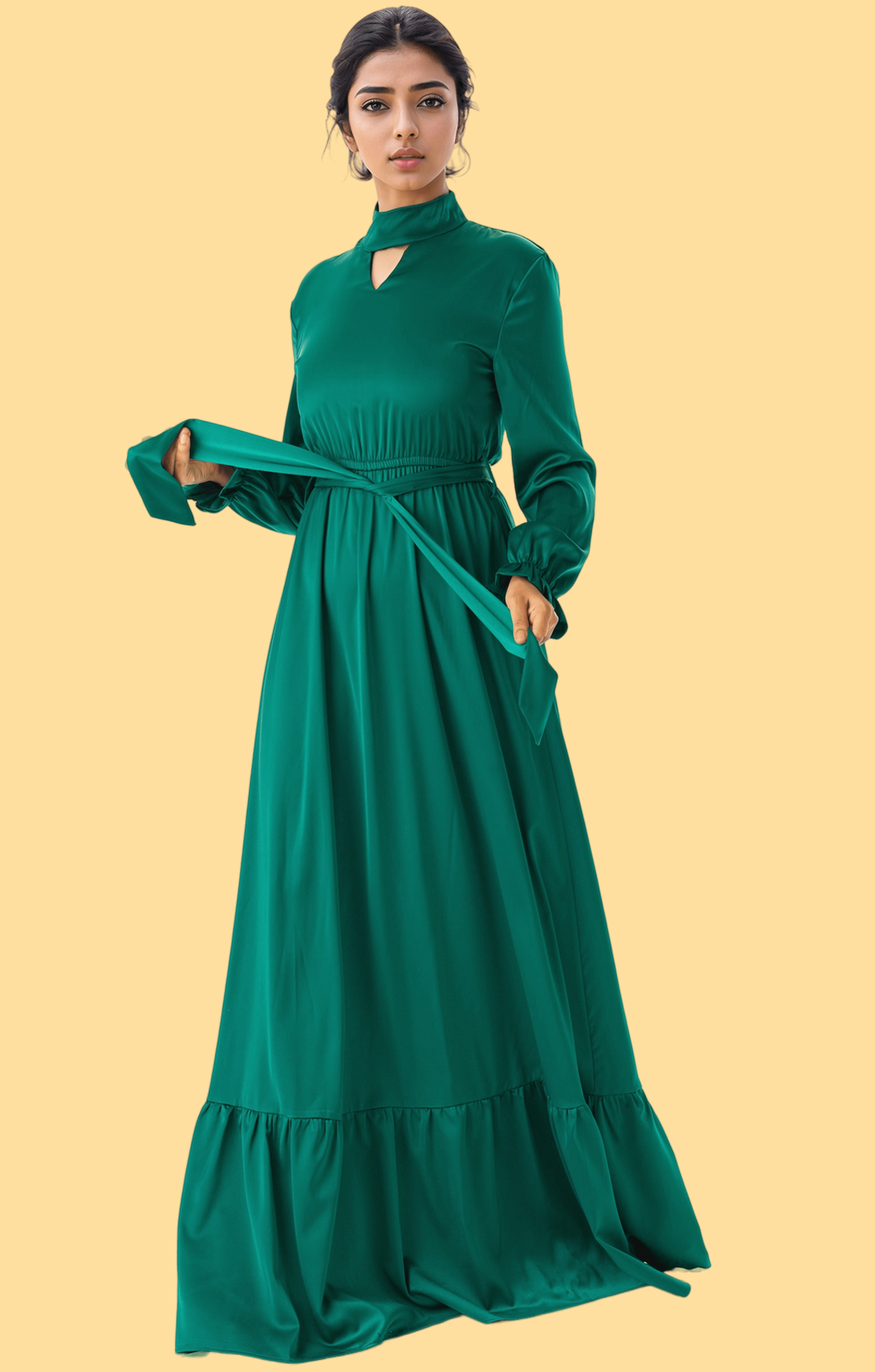Royal Green Satin dreamy romance modest maxi dress Kabayare
