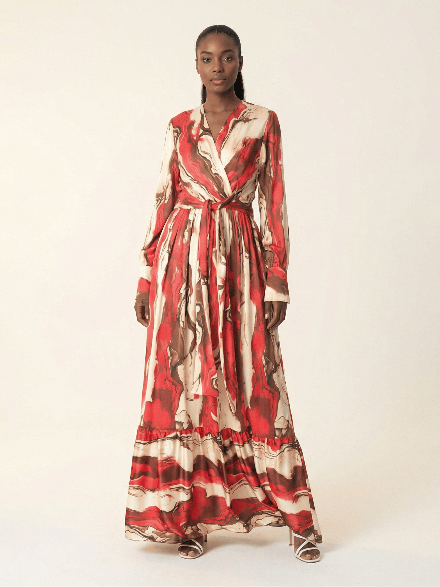 Ruby Red satin long sleeve maxi dress Kabayare