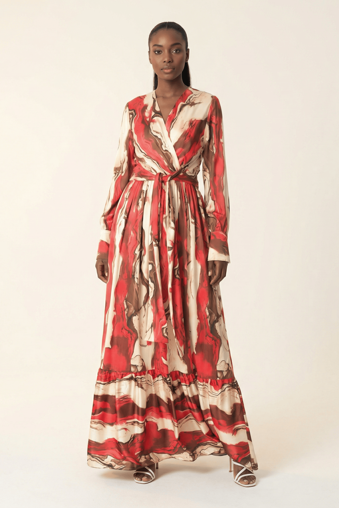 Ruby Red satin long sleeve maxi dress Kabayare