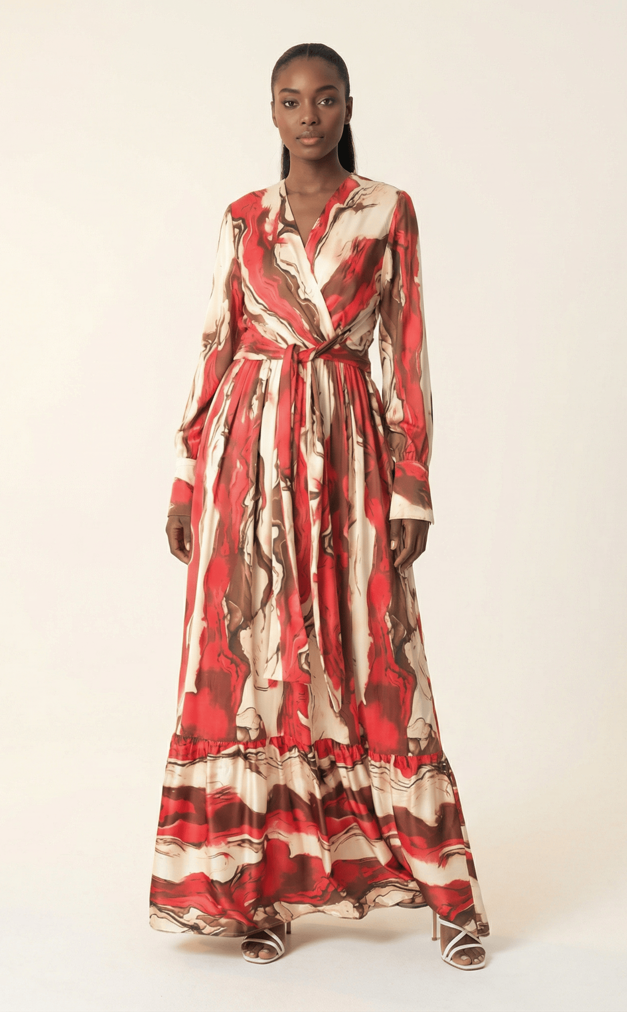 Ruby Red satin long sleeve maxi dress Kabayare