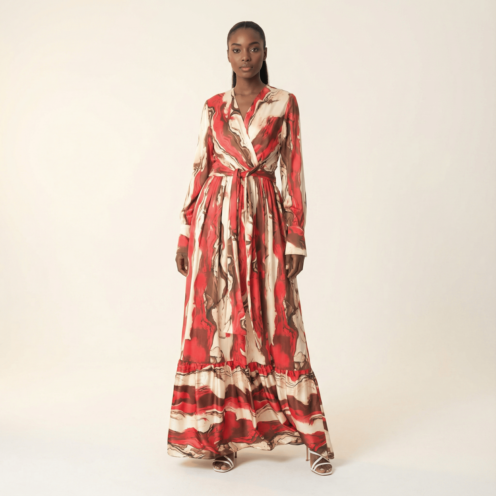 Ruby Red satin long sleeve maxi dress Kabayare