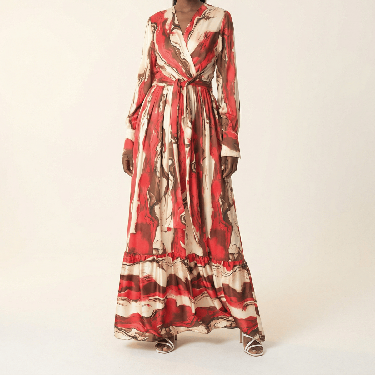 Ruby Red satin long sleeve maxi dress Kabayare