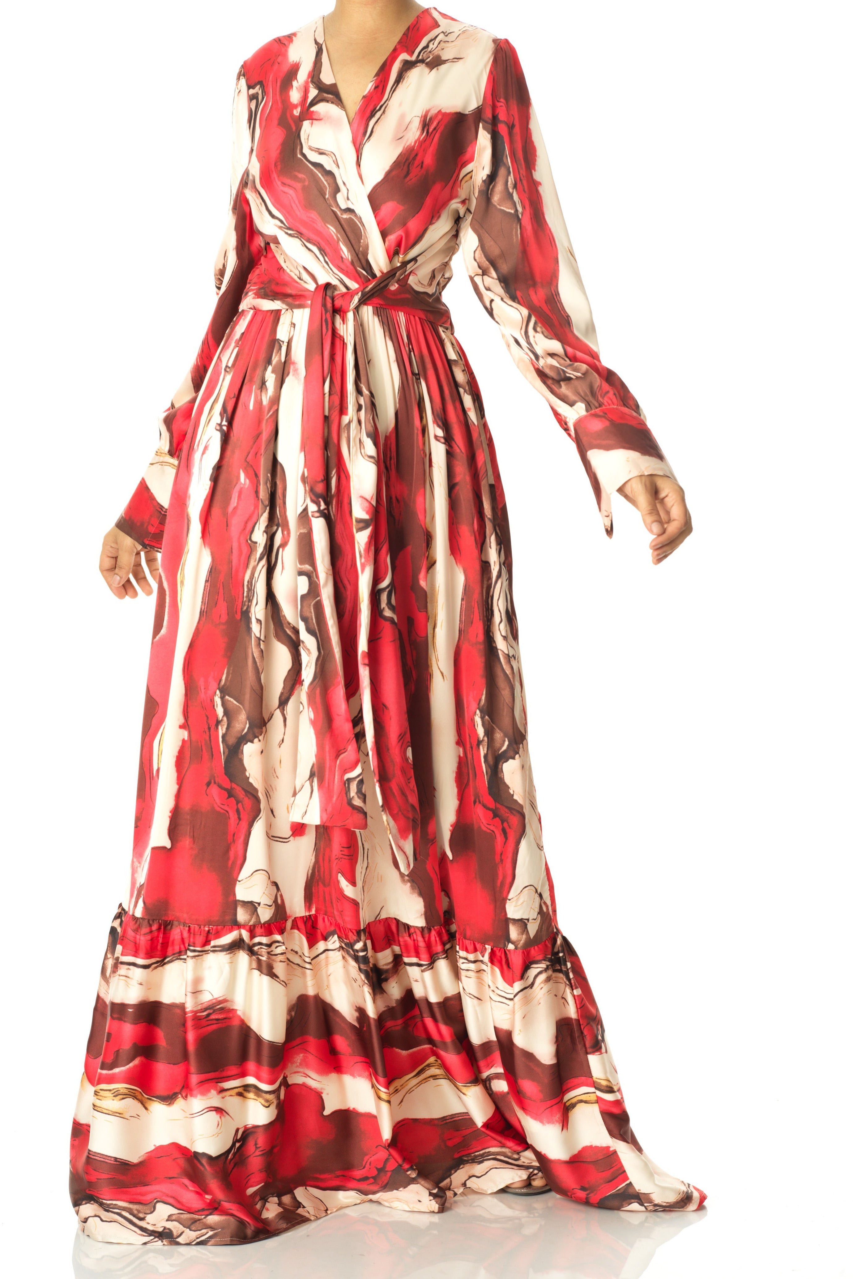 Ruby Red satin long sleeve maxi dress Kabayare